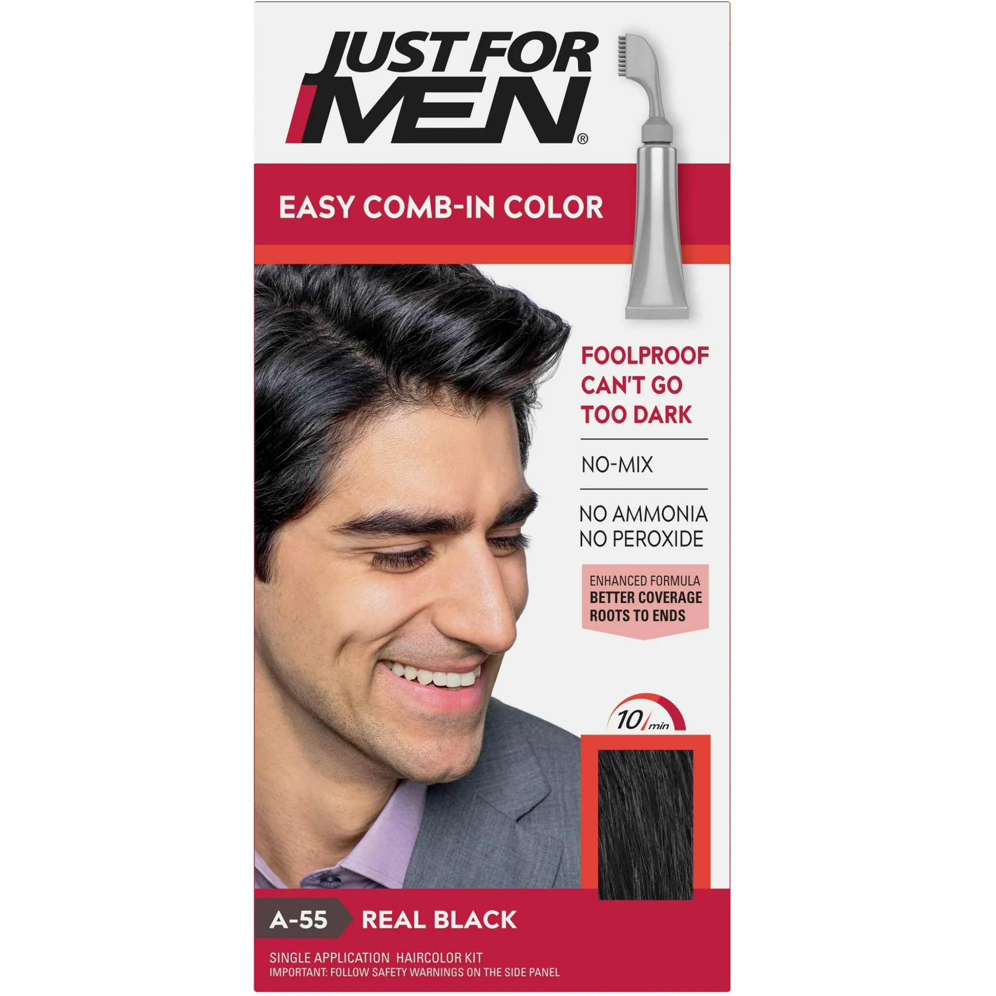 Just For Men, AutoStop Haircolor, Real Black A-55, No-Mix Formula for Natural Gray Coverage, 1 Each