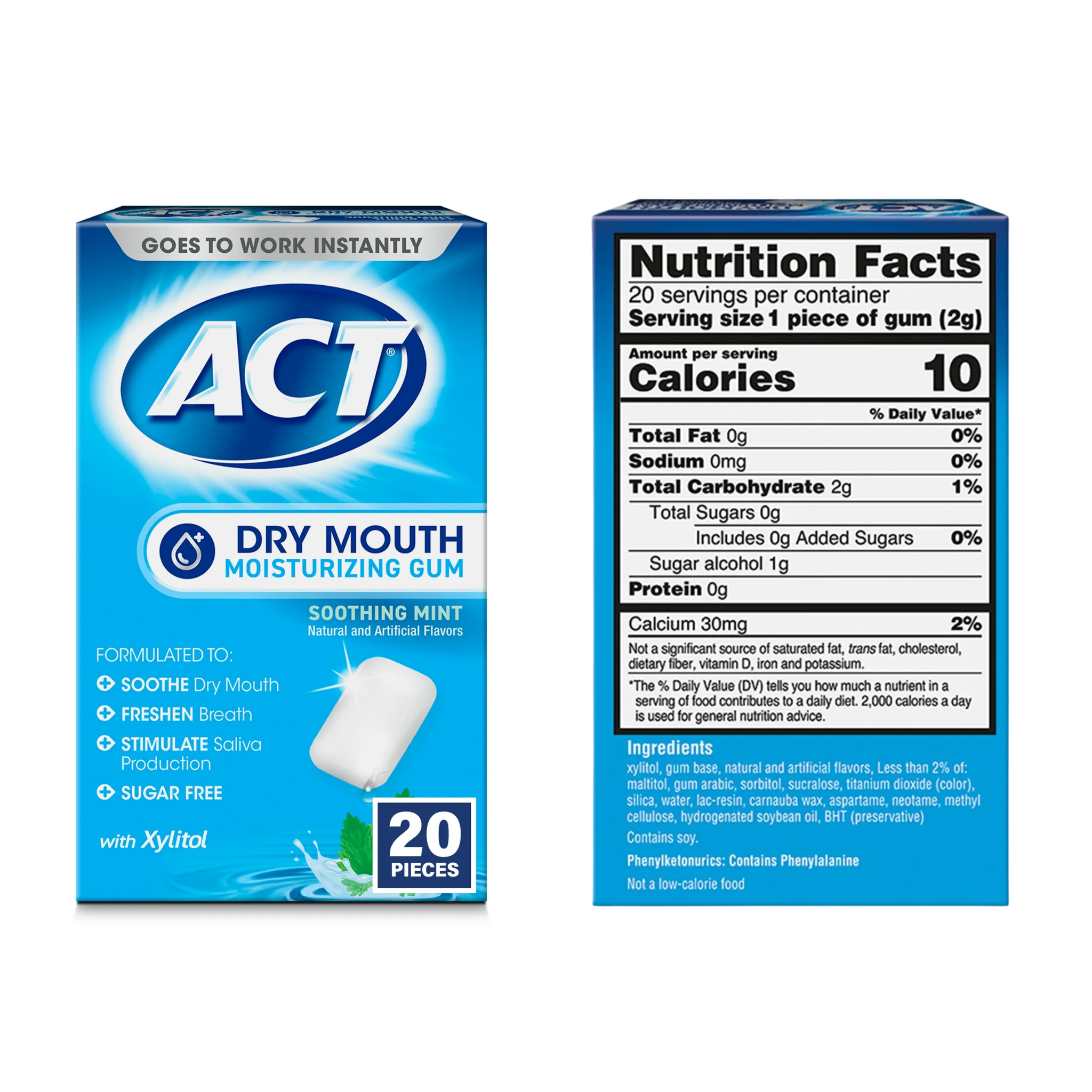 ACT, Dry Mouth Moisturizing Gum with Xylitol, Refreshing Soothing Mint Flavor, 20 ct