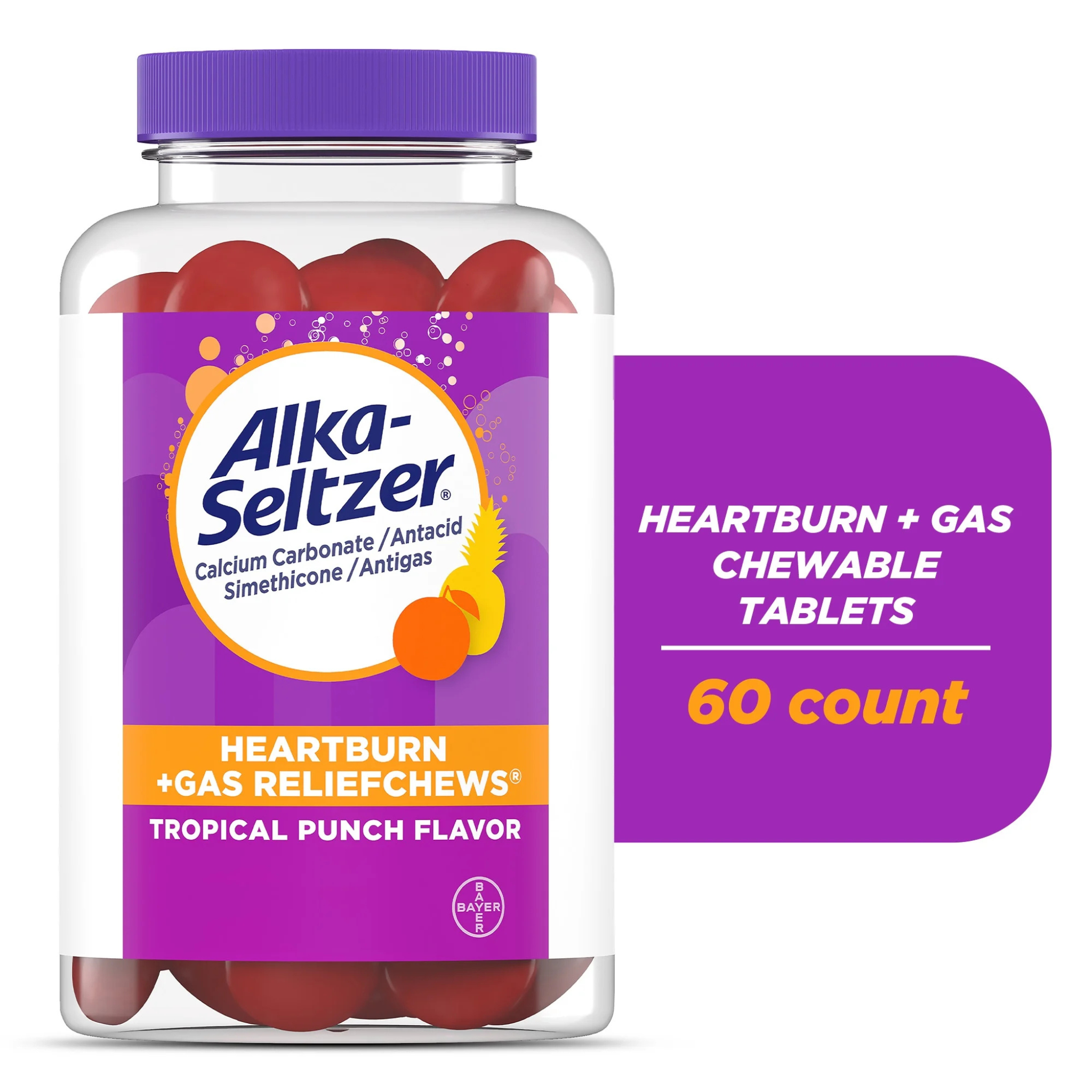 Alka-Seltzer Heartburn Relief + Gas Relief Chews, Tropical Punch 60 Ct