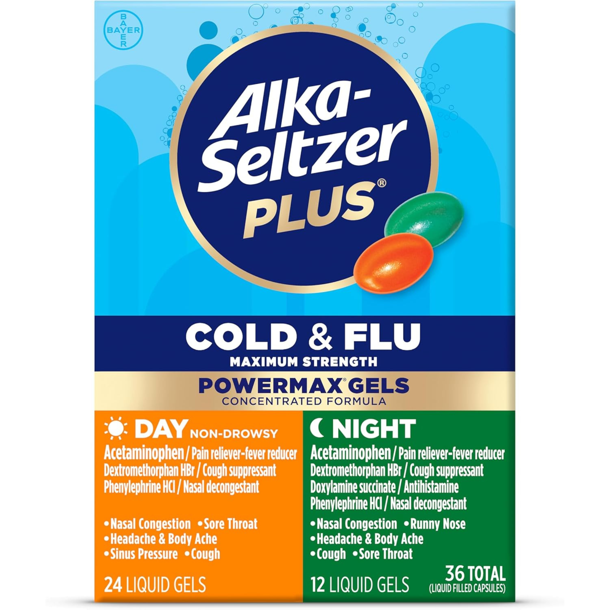 Alka-Seltzer Plus Power Max Cold & Flu Day+Night Medicine: Cough Suppressant, Cold and Flu Medicine For Adults and Children 12 Years and Older, 36 Count, Packaging May Vary