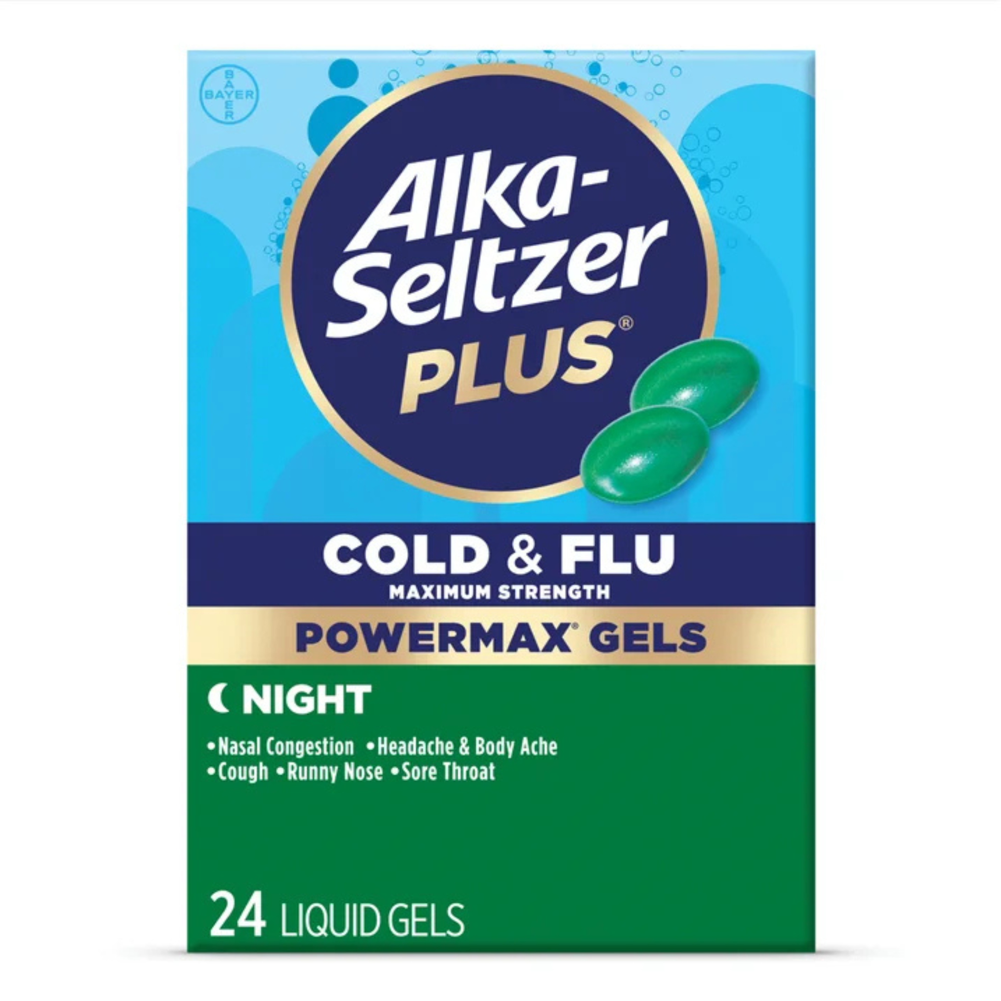 Alka-Seltzer Plus Powermax Cold & Flu Medicine, Night, Liquid Gels, 24 Count