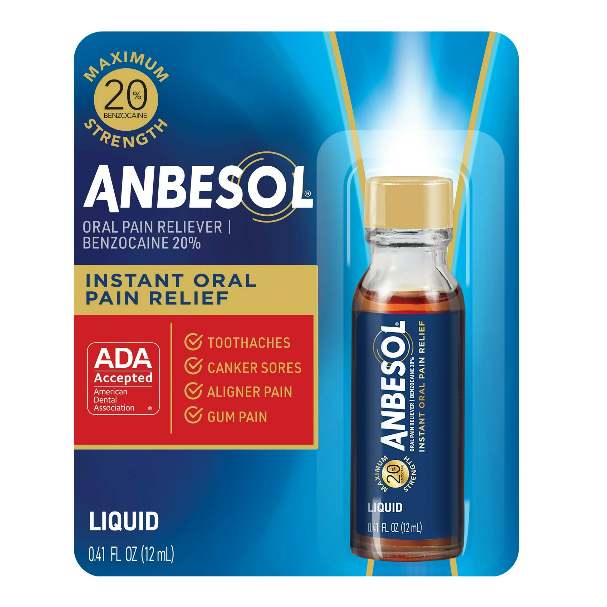 Anbesol, Instant Oral Pain Relief, Benzocaine Liquid Maximum Strength for Fast Numbing, 0.41 fl oz