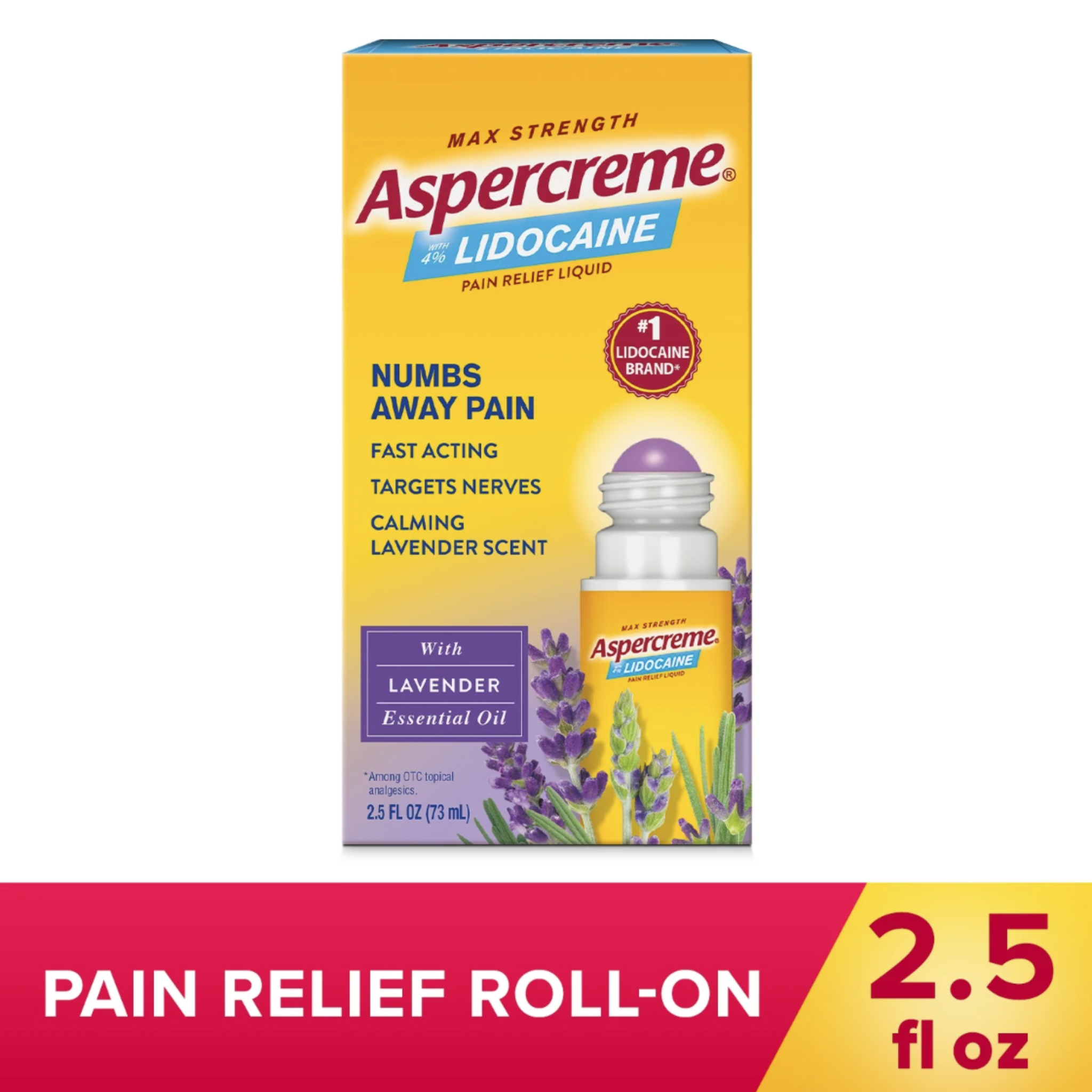 Aspercreme Max Strength Topical Numbing Pain Reliever Roll-on Liquid, 4% Lidocaine, Lavender, 2.5 fl oz