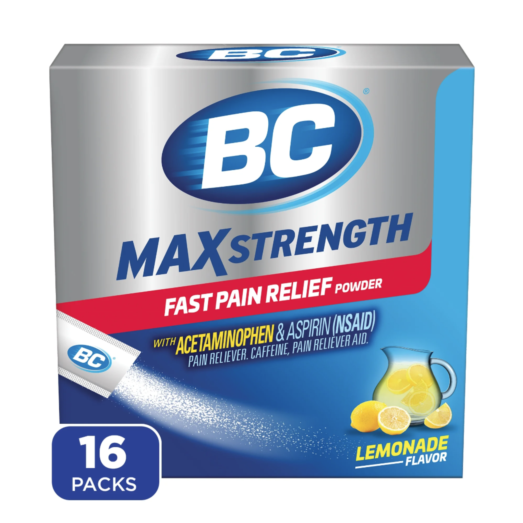 BC MAX Strength Fast Pain Relief Powder, Lemonade Drink Mix, Aspirin & Acetaminophen, 16 Count