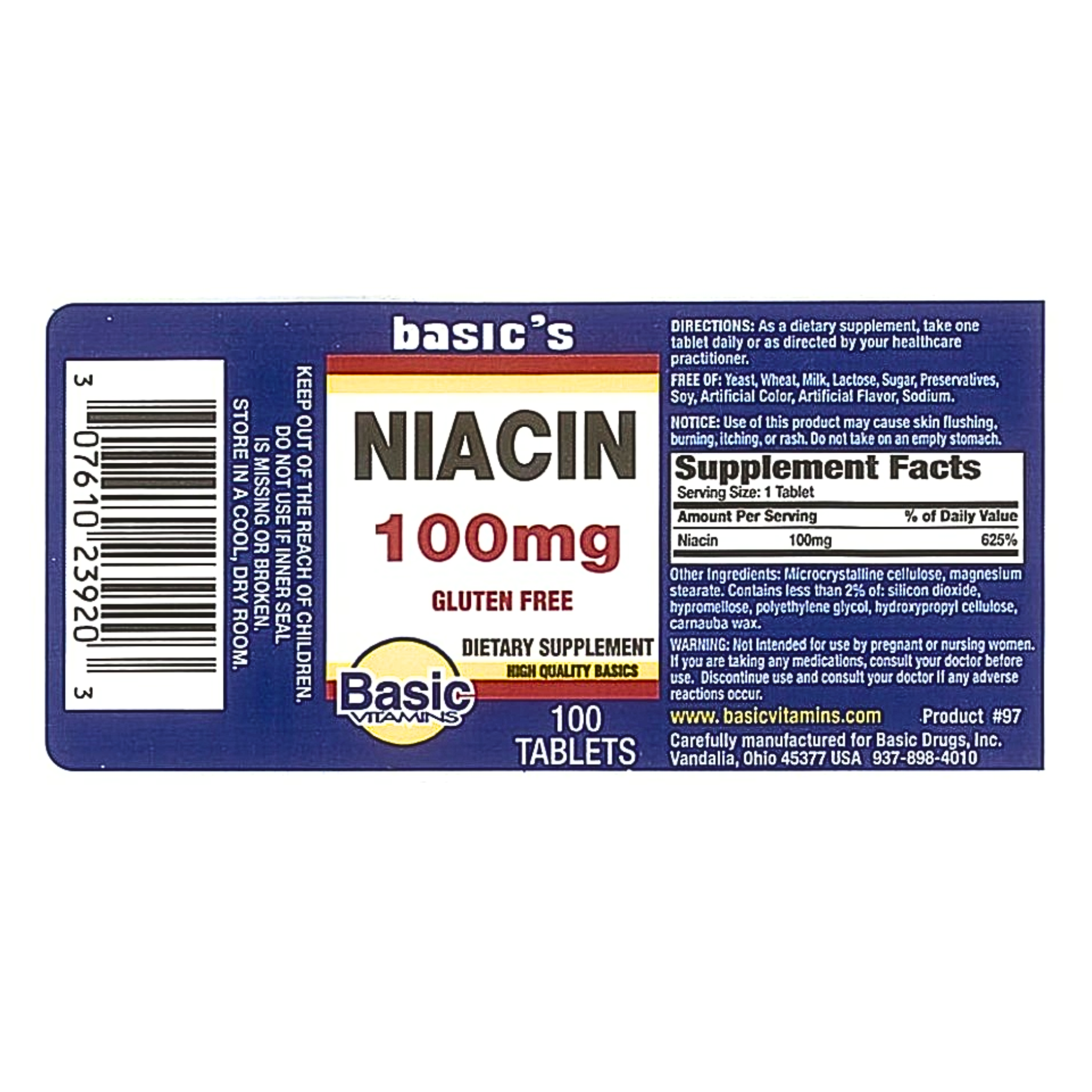 Basic's, Niacin Tablets, Supports Energy & Metabolism, 100mg, 100 Count