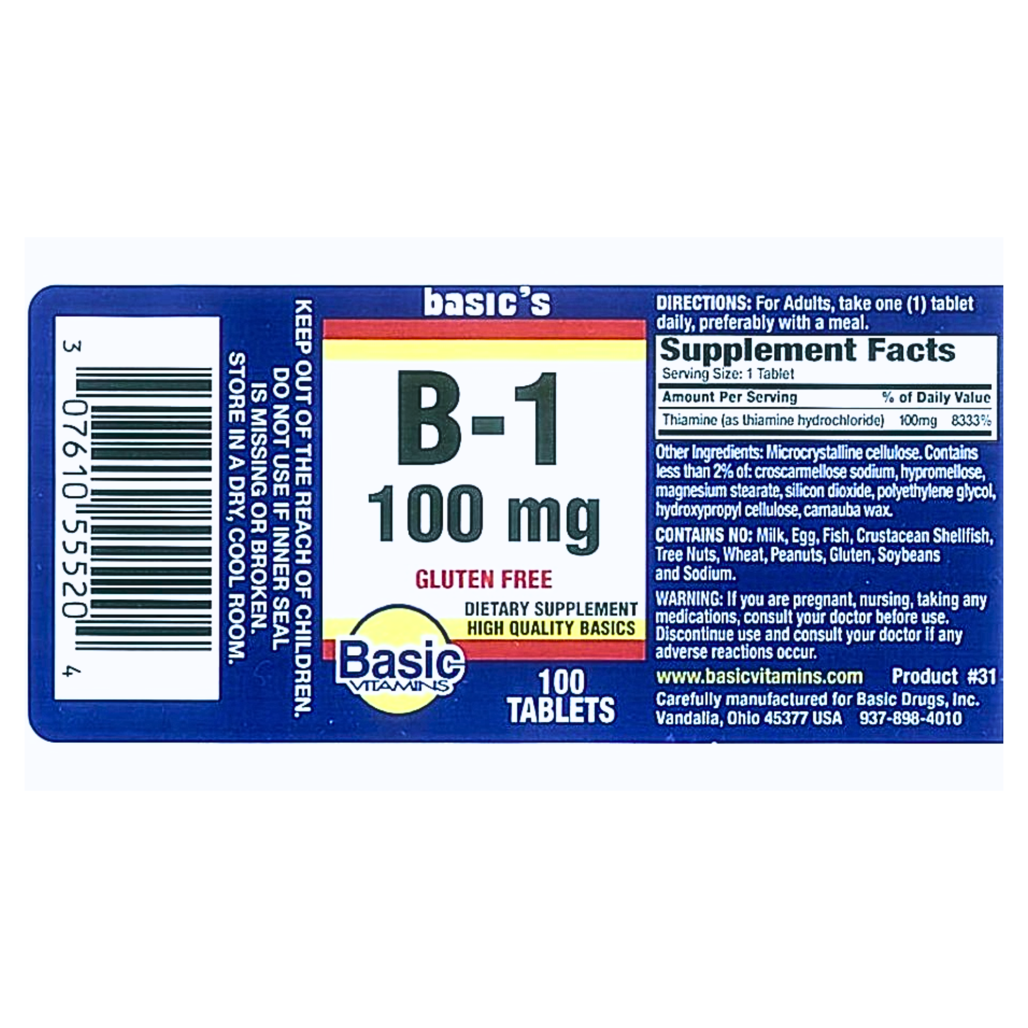 Basic Vitamins, B-1 Tablets, 100 mg, Supports Energy & Nerve Function, 100 Count