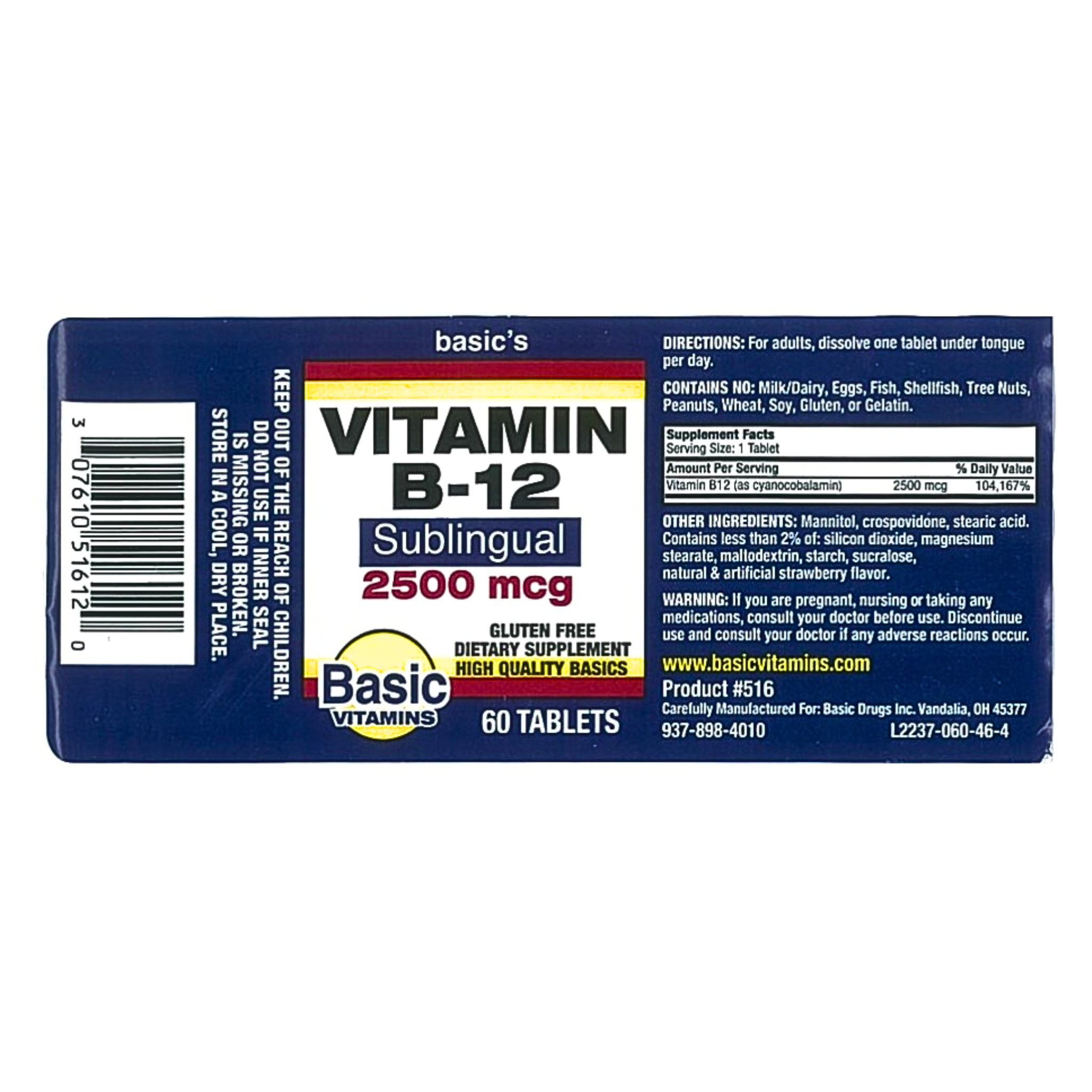 Basic Vitamins, Vitamin B-12 Tablets, 2500 mcg, Supports Energy & Metabolism, 60 Count