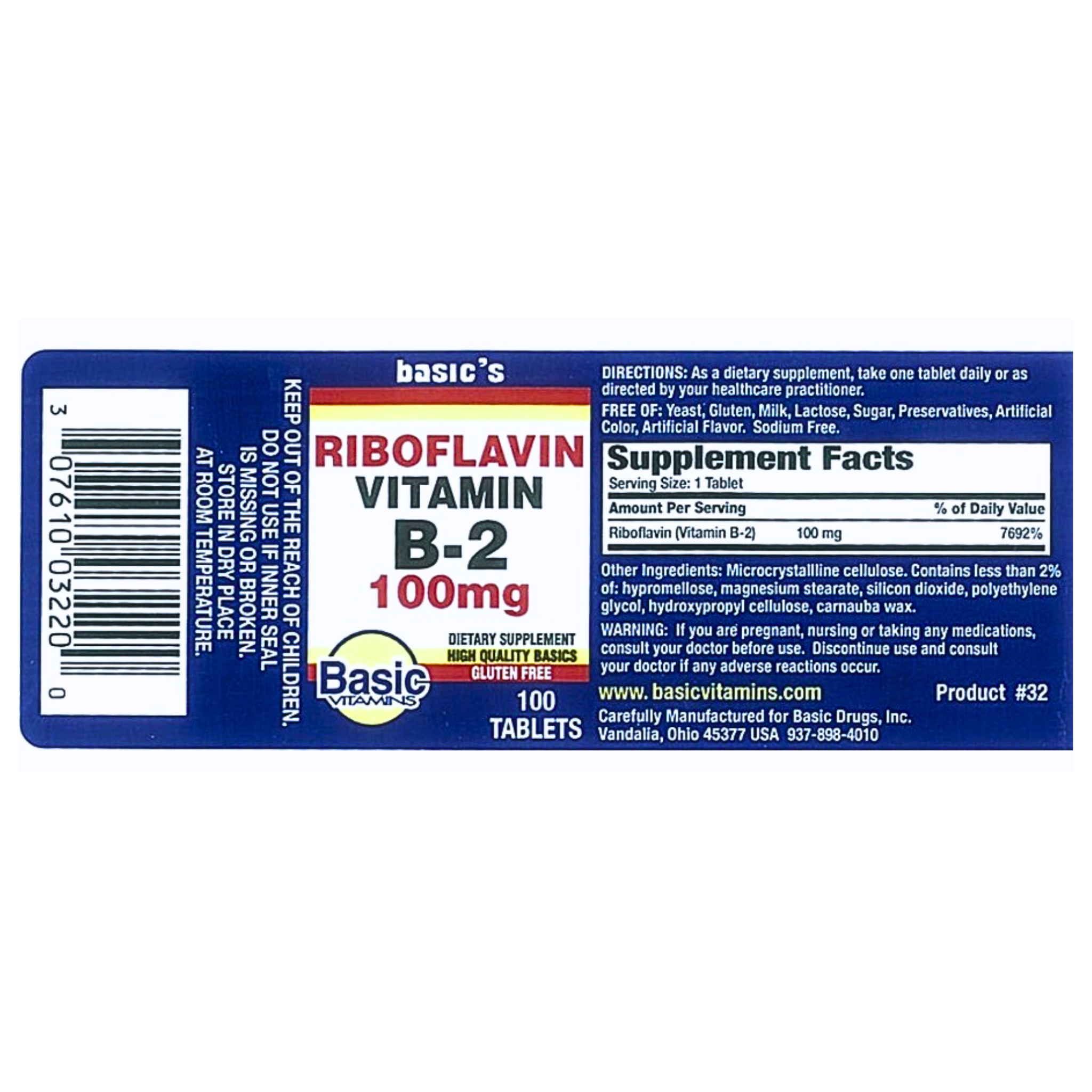 Basic's, Riboflavin Vitamin B-2 Tablets, 100 mg, Supports Energy & Metabolism, 100 Count