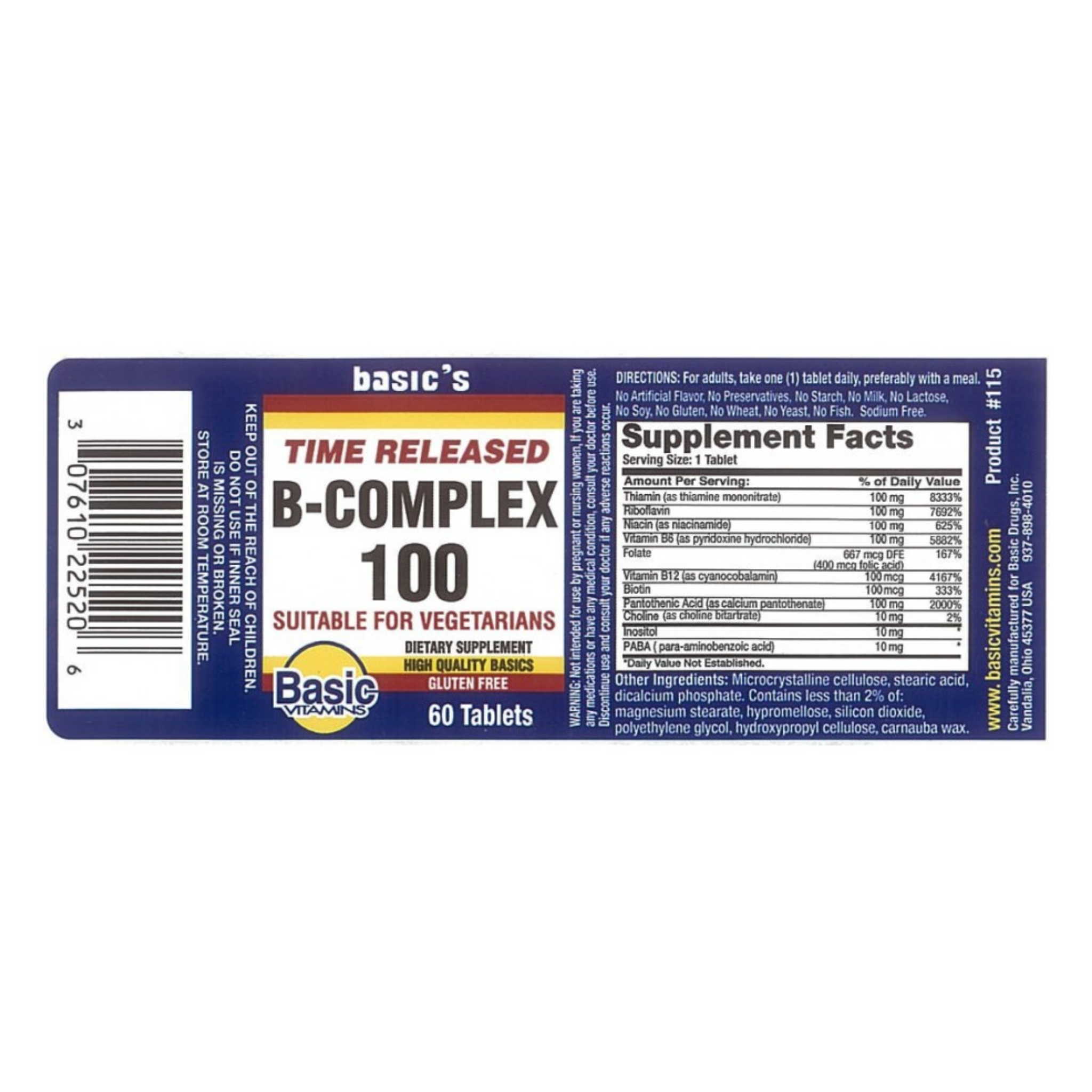 Basic's, B/Complex 60 T.R. Tablets, Time-Release Formula for Energy and Metabolism Support, 100 Count