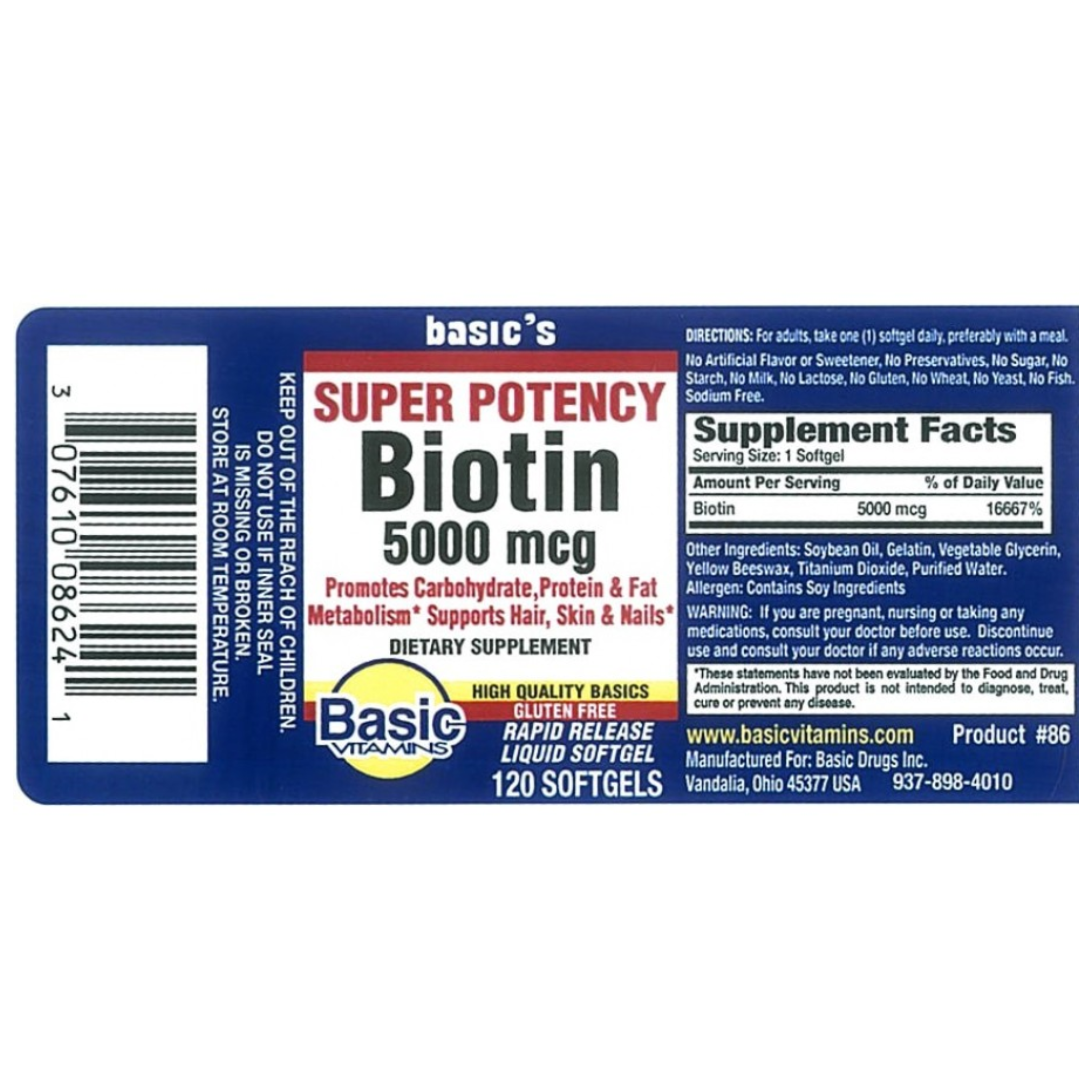 Basic's, Biotin Softgels, Supports Healthy Hair, Skin, and Nails, 5000mcg, 120 Count