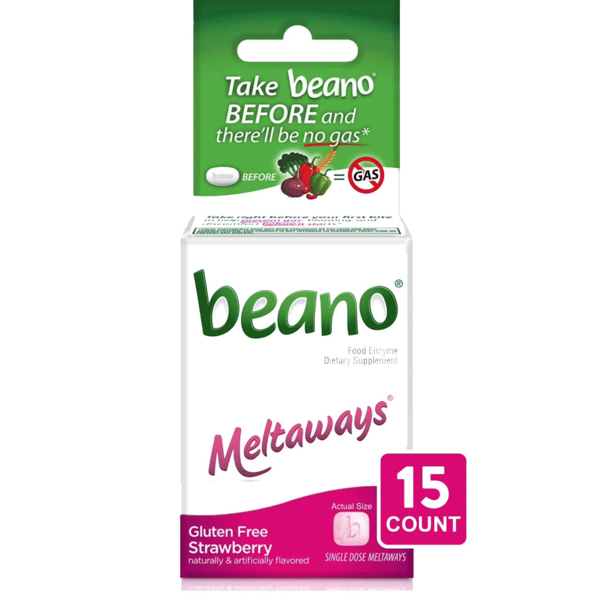 Beano Meltaways, Gas Prevention & Digestive Enzyme Supplement, Strawberry Flavor, 15 Count