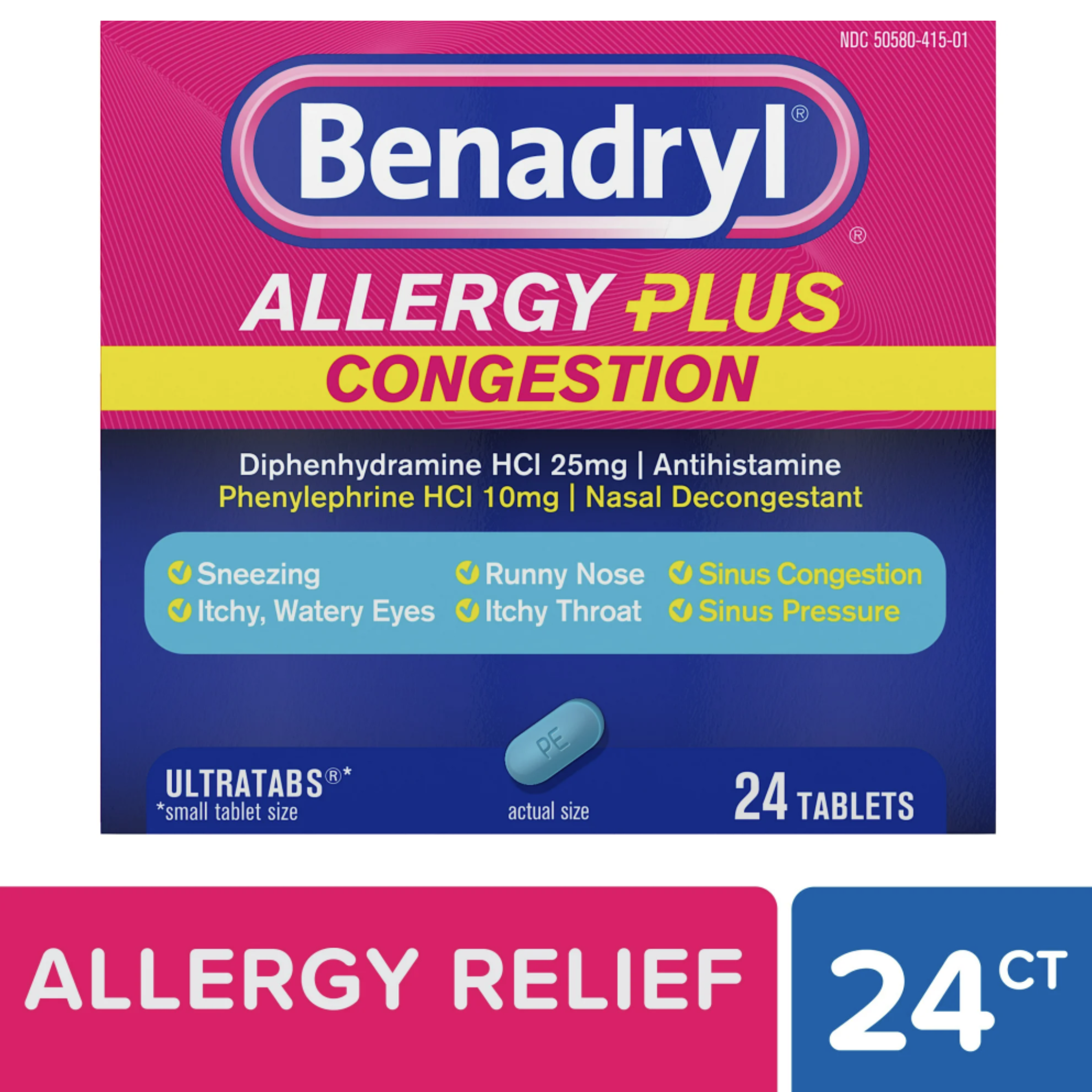 Benadryl Allergy Plus Congestion Ultratabs Allergy Medicine, 24 Ct