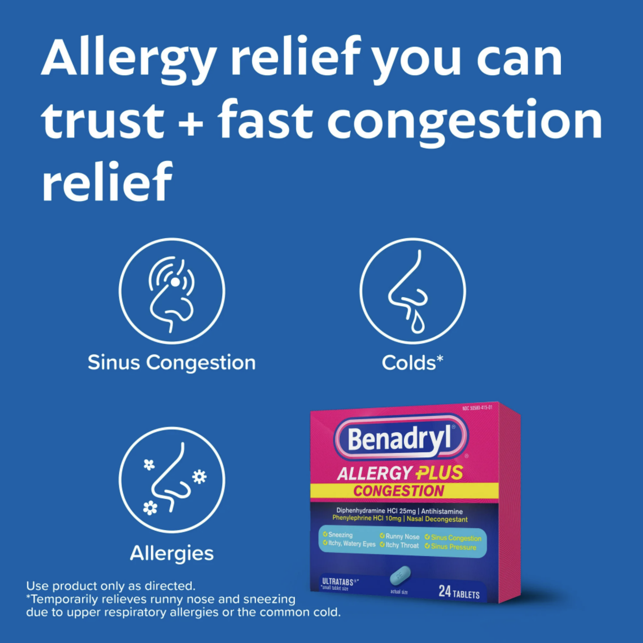 Benadryl Allergy Plus Congestion Ultratabs Allergy Medicine, 24 Ct