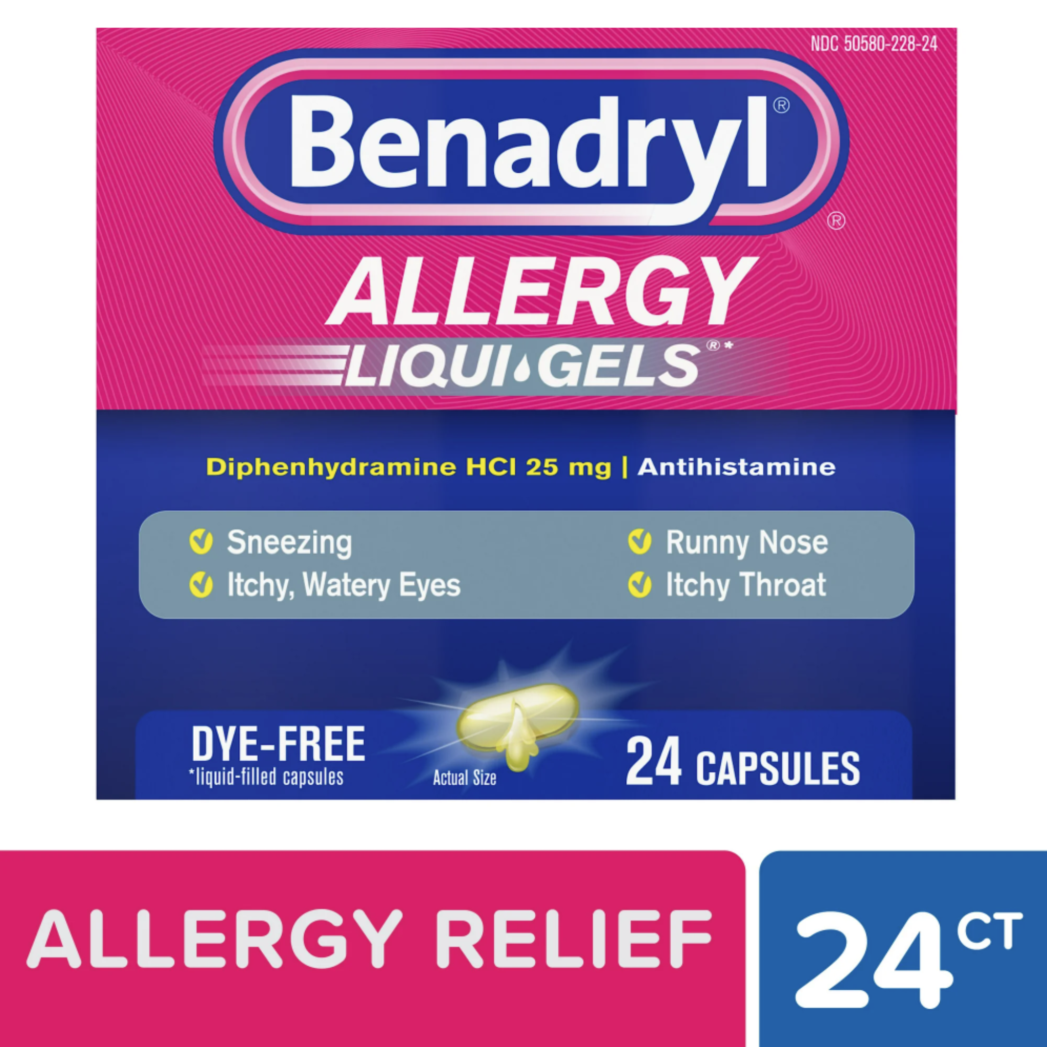 Benadryl Liqui-Gels Antihistamine Allergy Medicine, Dye Free, 24 Ct