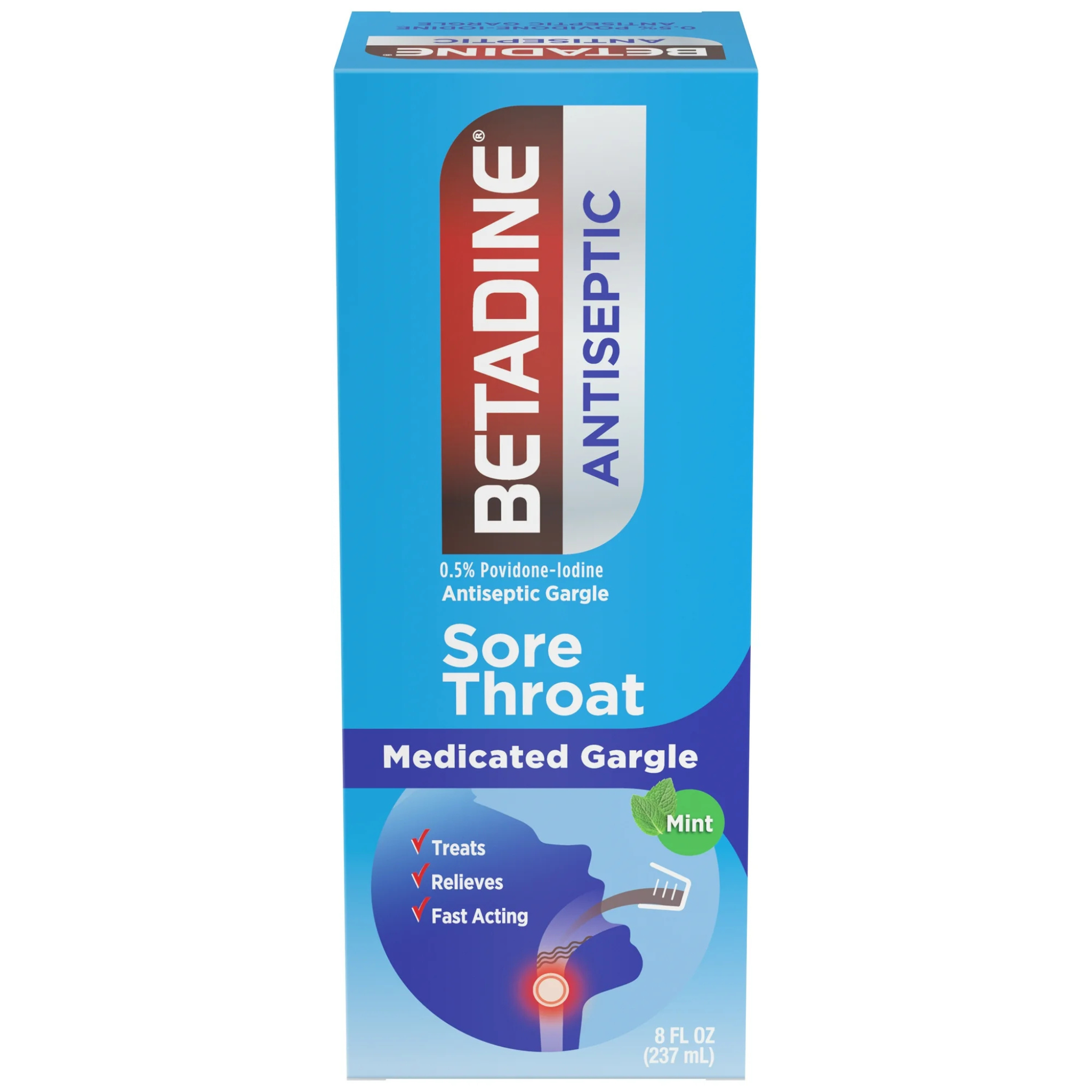 Betadine, Sore Throat Antiseptic Gargle, Effective Relief for Throat Irritation, 8 Ounce Bottle