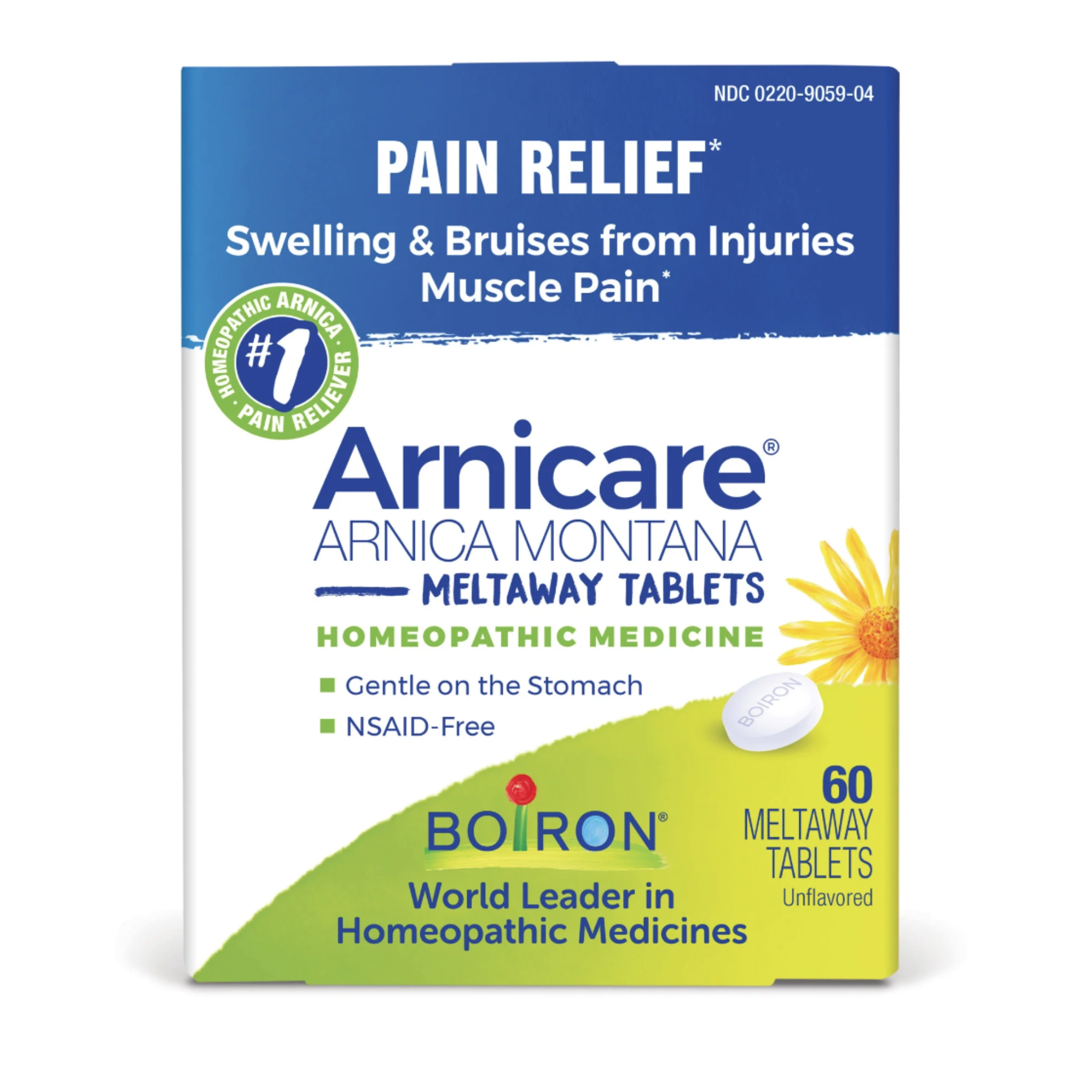 Boiron Arnicare Tablets, Homeopathic Medicine for Pain Relief, Swelling & Bruises from Injuries, Muscle Pain, 60 Meltaway Tablets