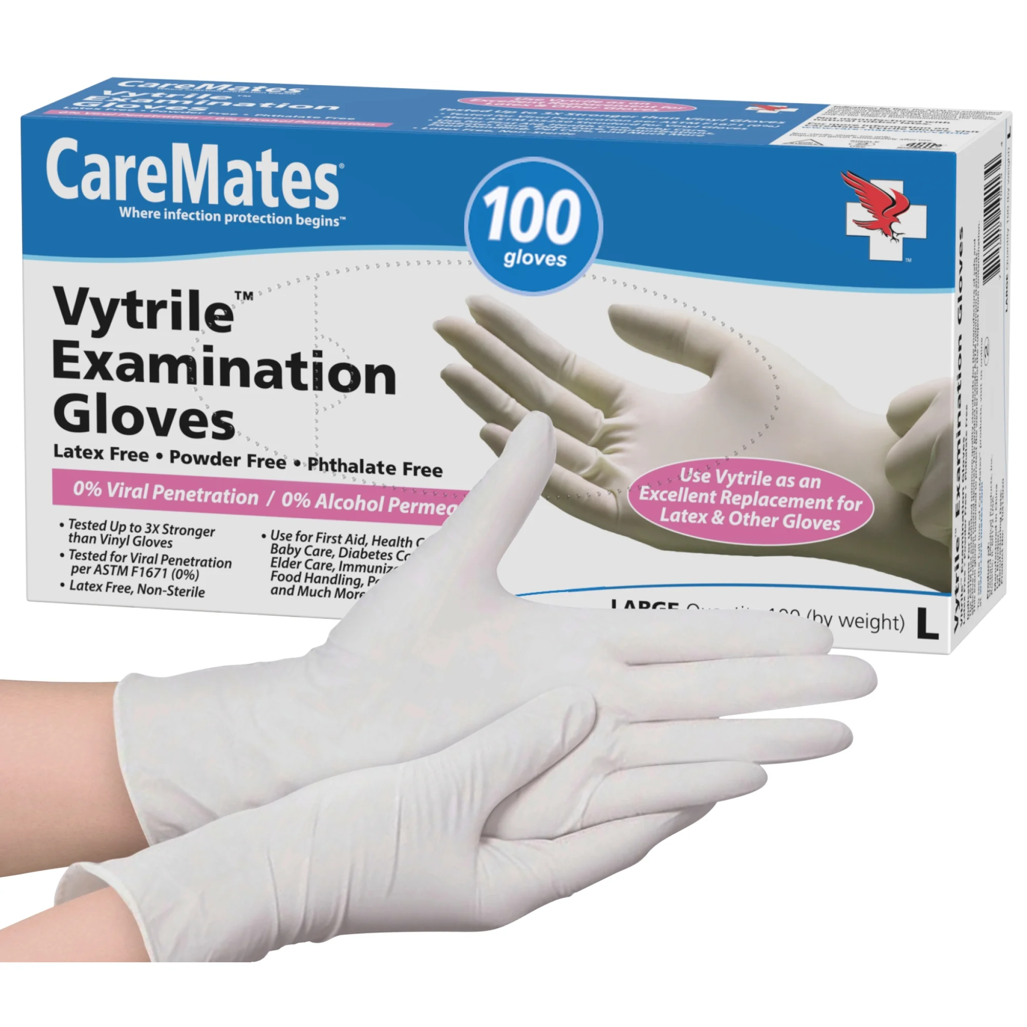 CareMates, Vytrile Exam Gloves, Disposable and Medical Grade, Latex-Free and Powder-Free, Large, 100 Count