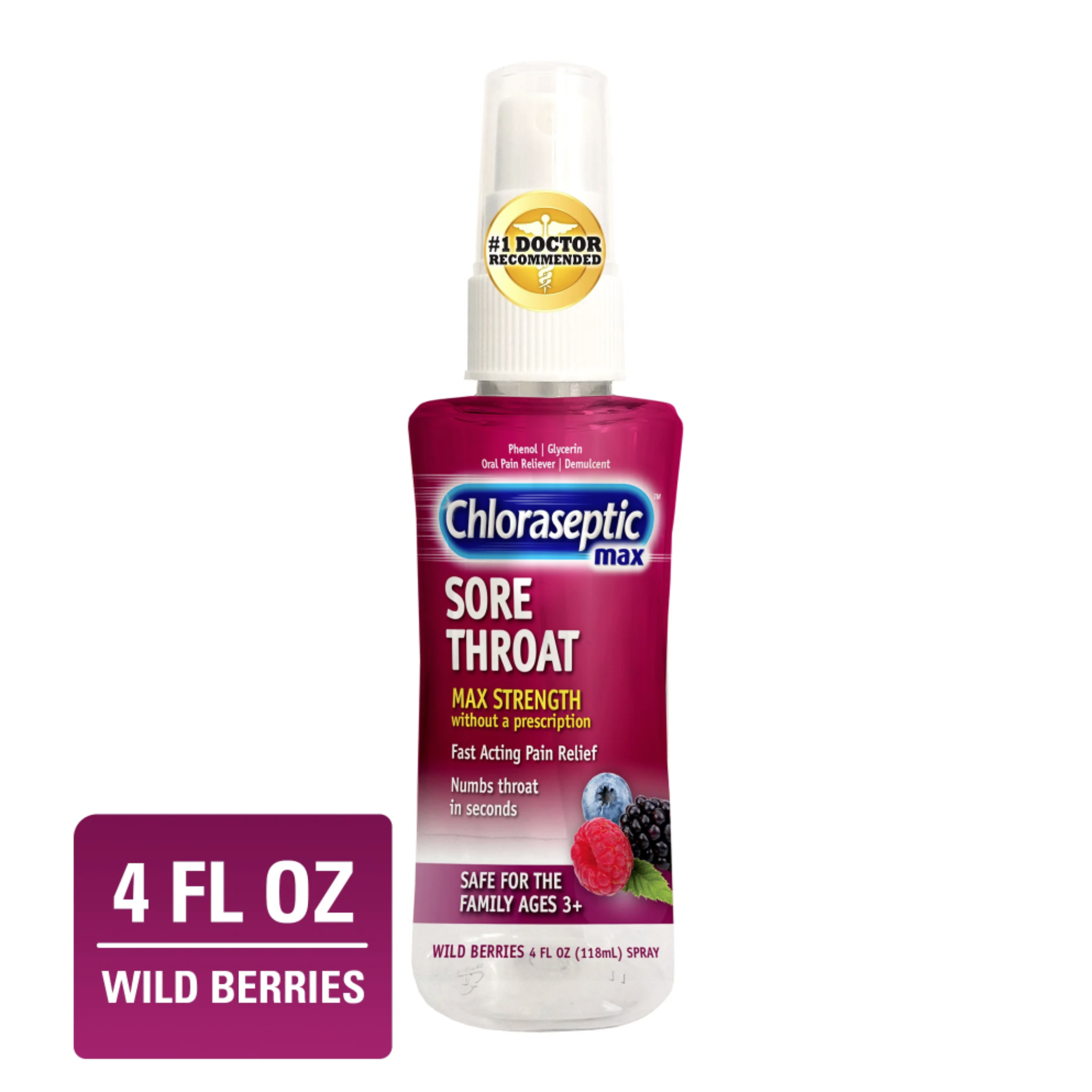 Chloraseptic Max Strength Sore Throat Spray, Wild Berries Flavor Throat Remedy, 4 fl oz