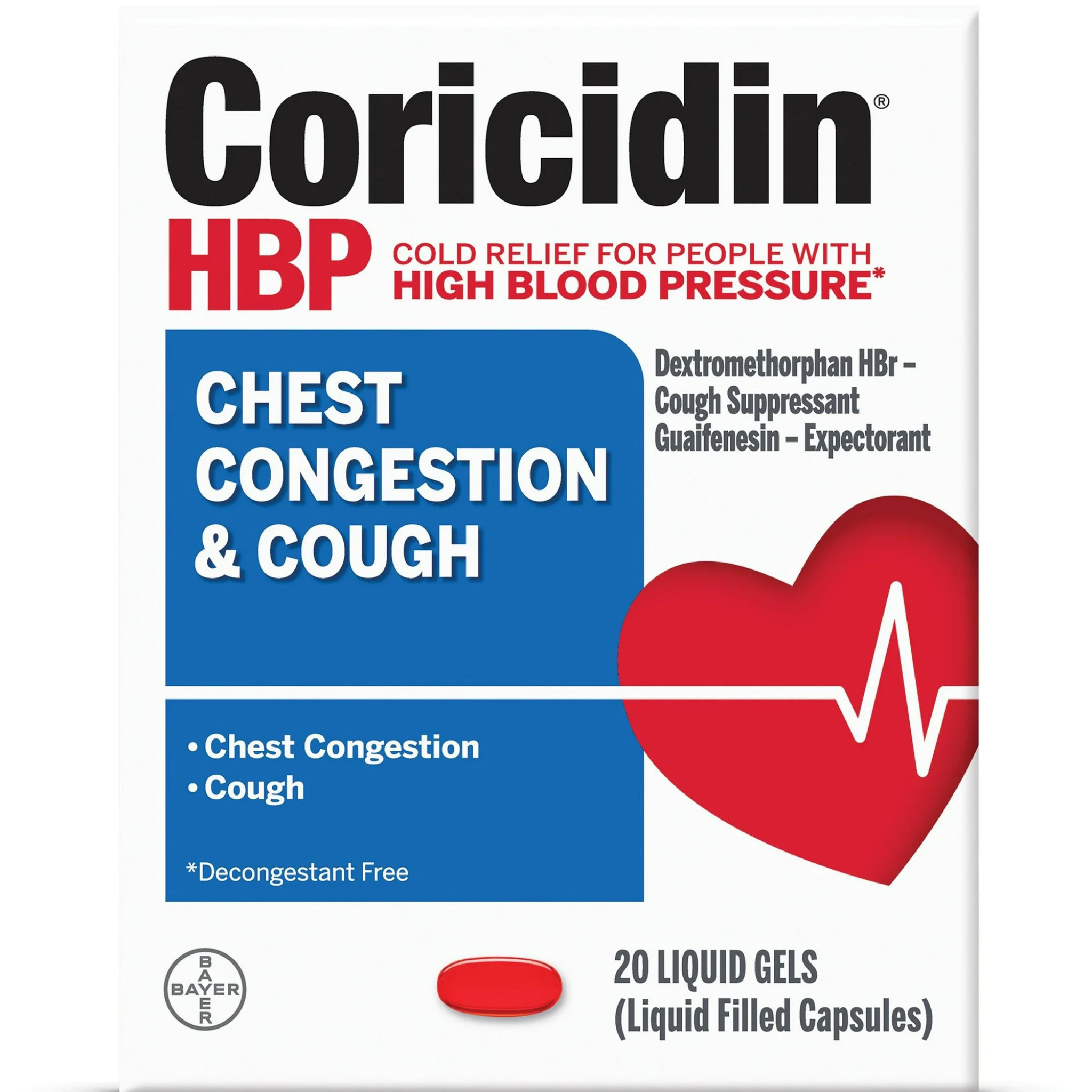 Coricidin HBP Chest Congestion & Cough Medicine, Liquid Gels, 20 Ct