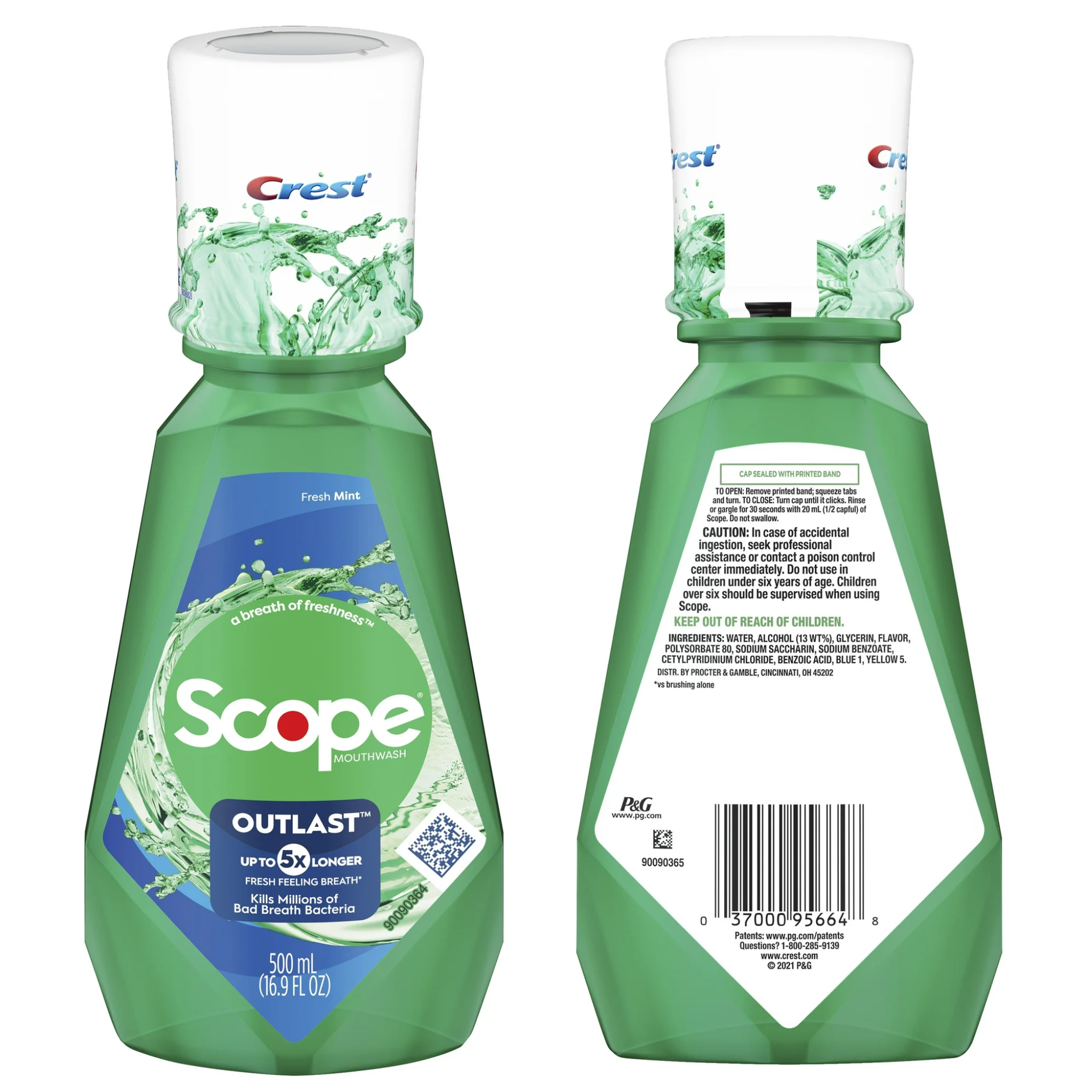 Crest, Scope Outlast Mouthwash, Fresh Mint Flavor for Long-Lasting Fresh Breath, 500mL