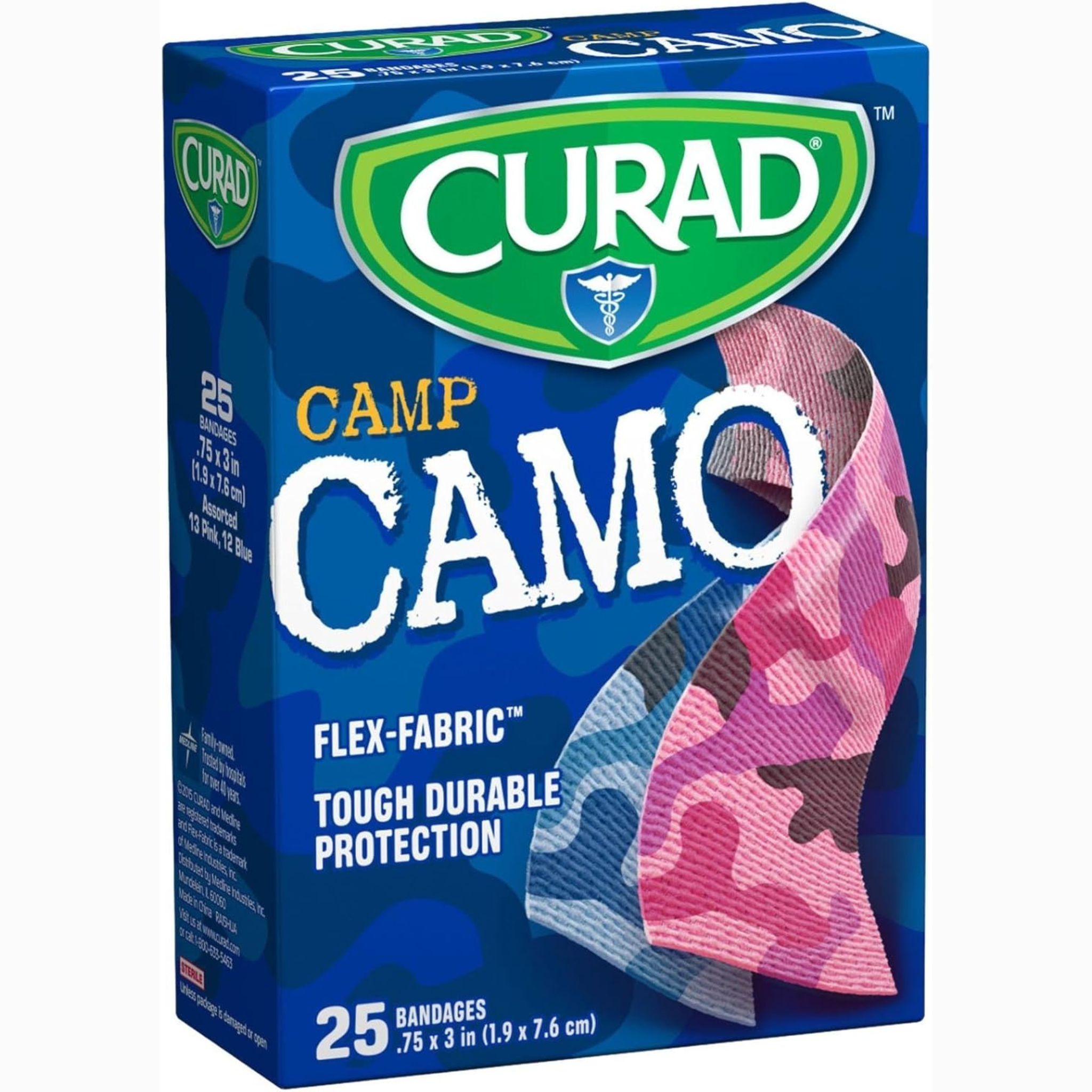 Curad, Children's Camouflage Bandages, Fun Pink & Blue Design for Kids, 25 Count