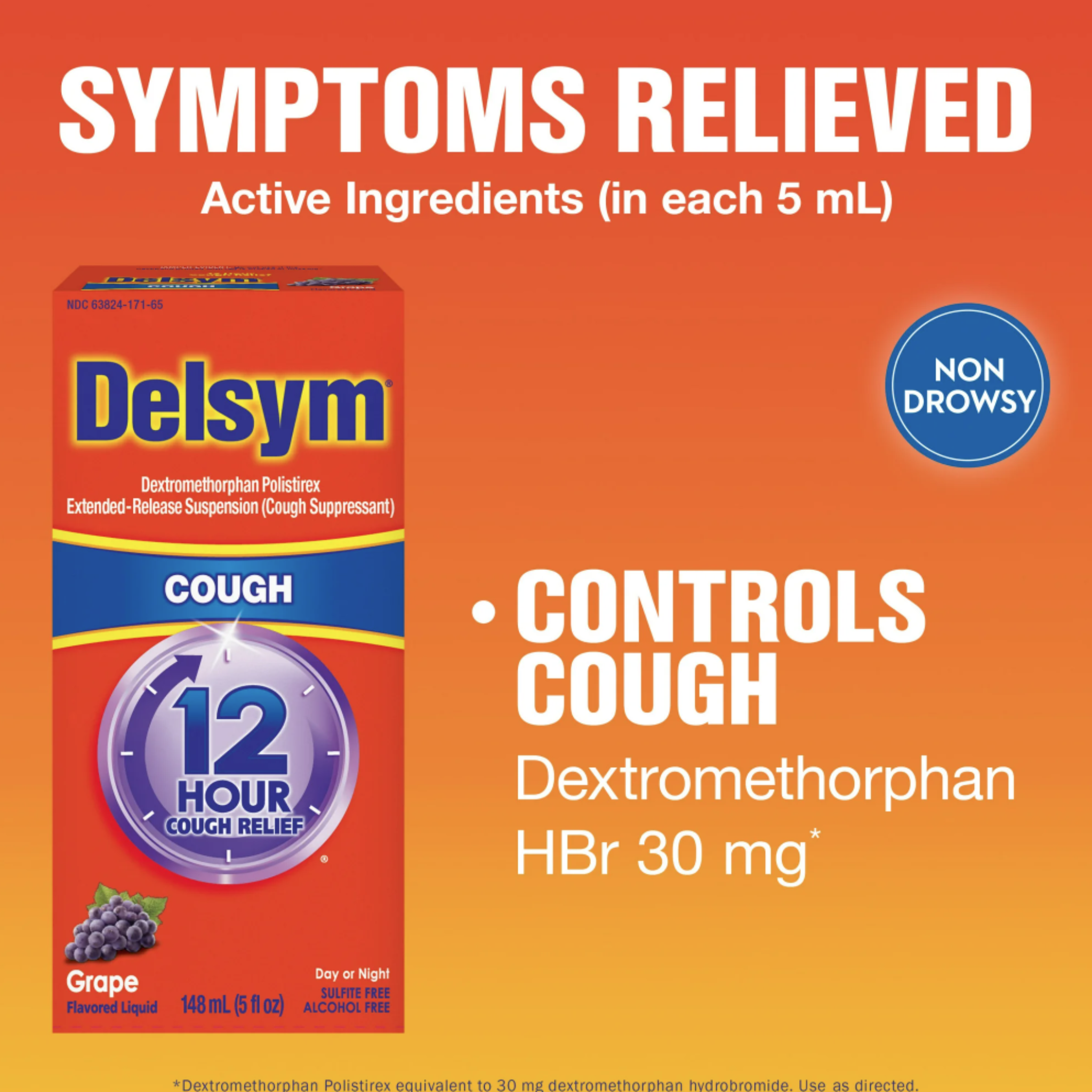 Delsym Adult 12 hour Cough Relief Medicine, Powerful Cough Relief for 12 Good Hours, Cough Suppressing Liquid, Grape Flavor, 5 Fl Oz