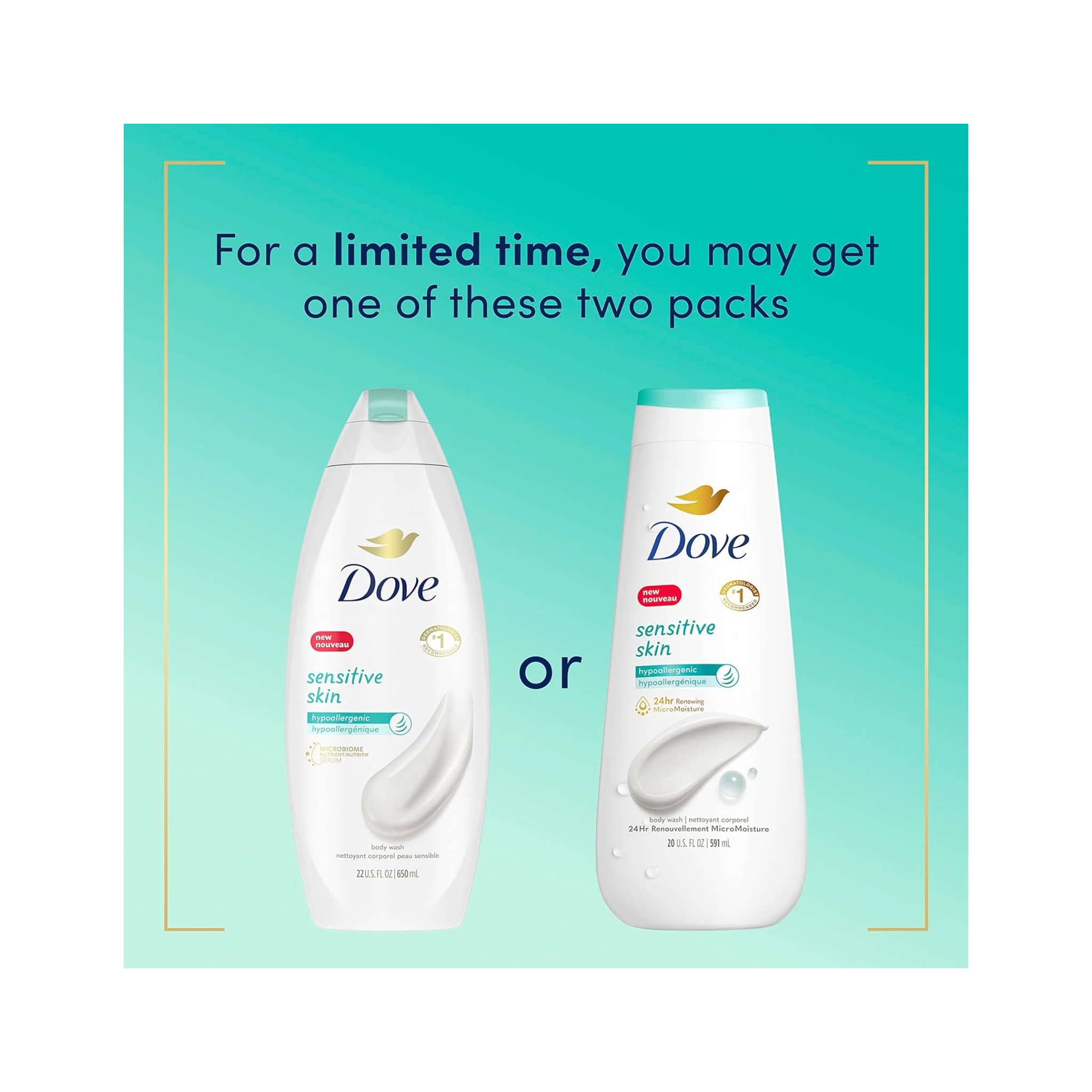 Dove®, Sensitive Skin Body Wash, Hypoallergenic and Moisturizing Cleanser for All Skin Types, 20 oz