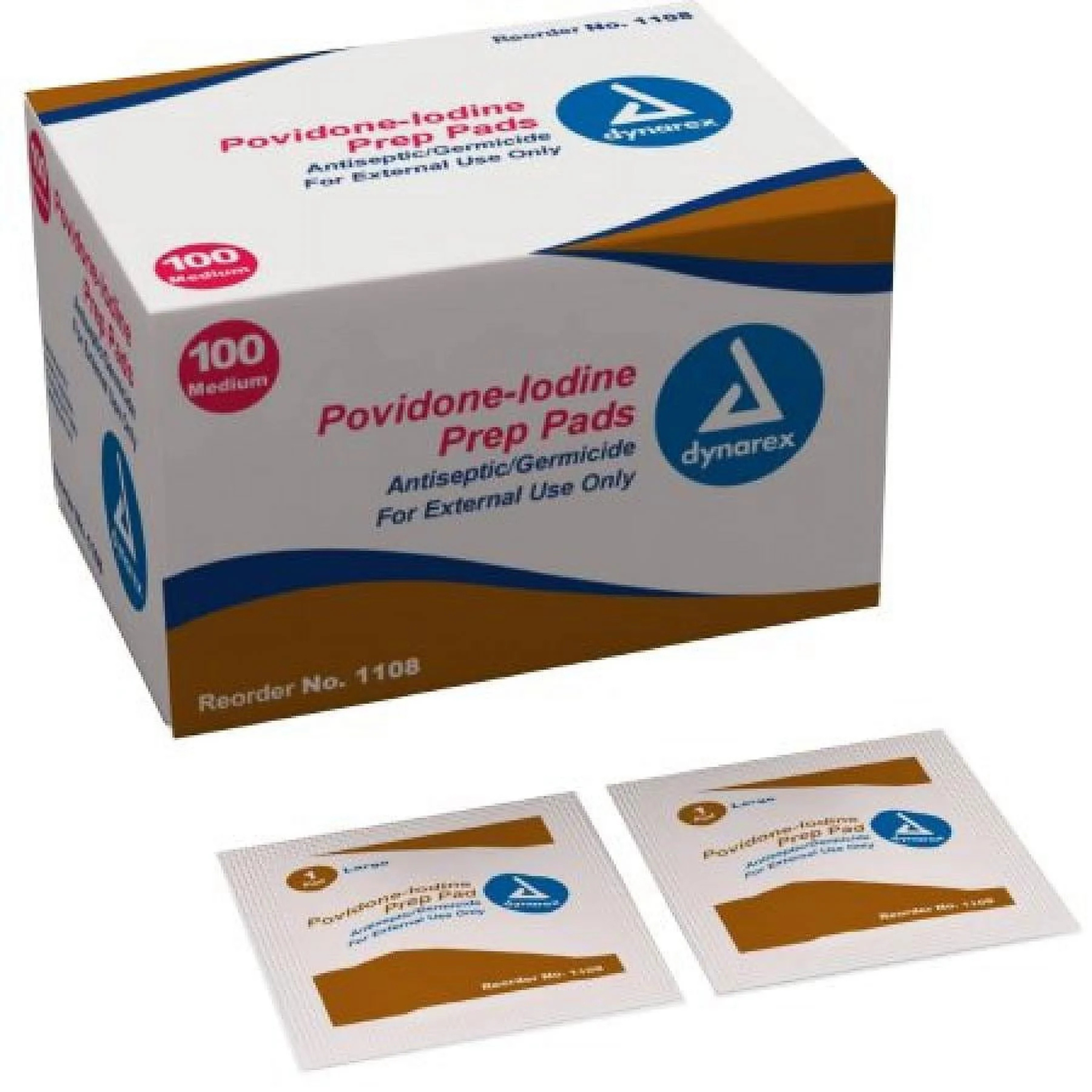 Dynarex, Povidone Iodine Prep Pad, Antiseptic Wound Care for Cleansing, 2.5 x 1.25 Inch, 100 Count