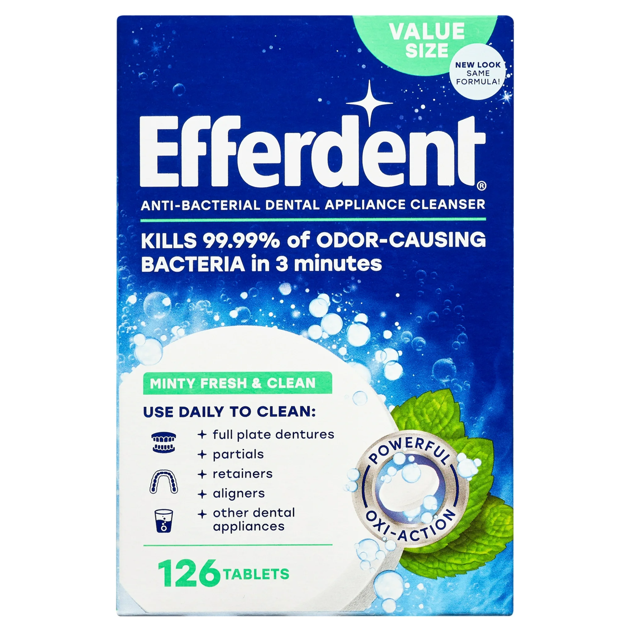 Efferdent, Retainer & Denture Cleaner Tablets, Minty Fresh & Clean, Removes Stains and Odors, 126 Count