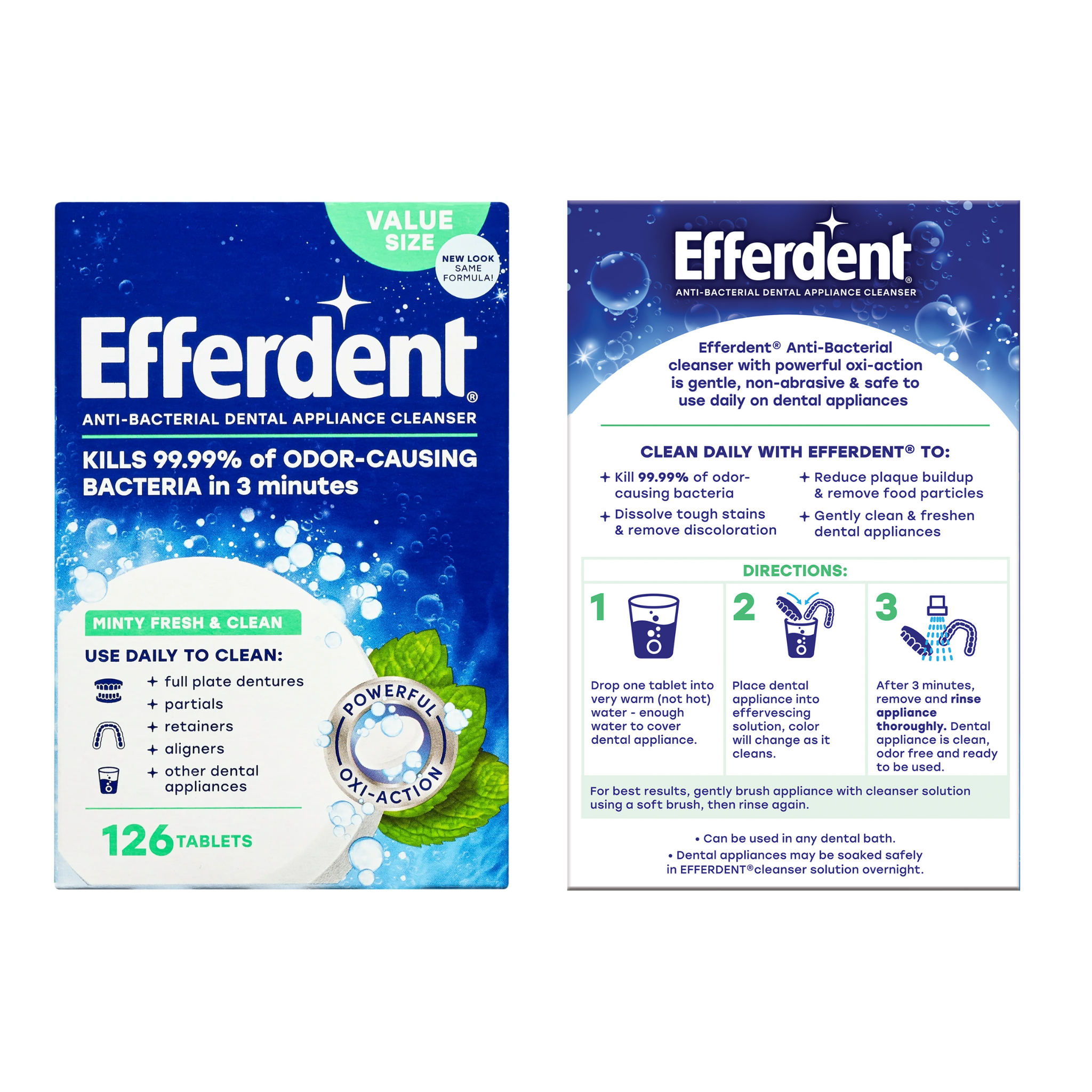 Efferdent, Retainer & Denture Cleaner Tablets, Minty Fresh & Clean, Removes Stains and Odors, 126 Count