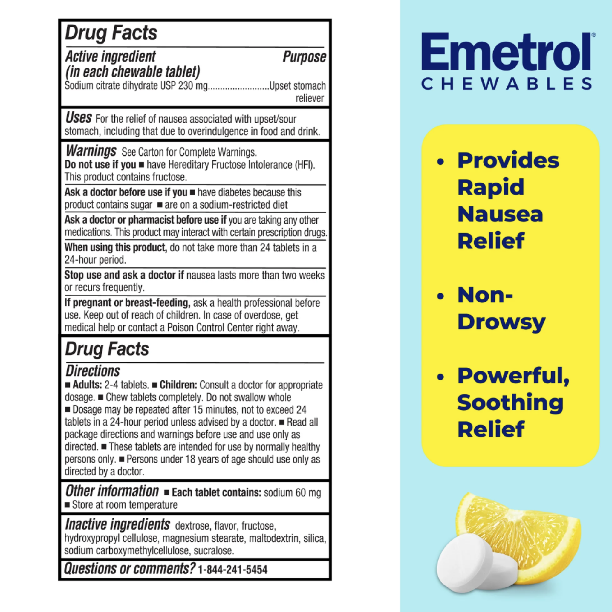 Emetrol Chewables for Rapid Nausea Relief Non-Drowsy, Lemon Flavor, 42 Tablets