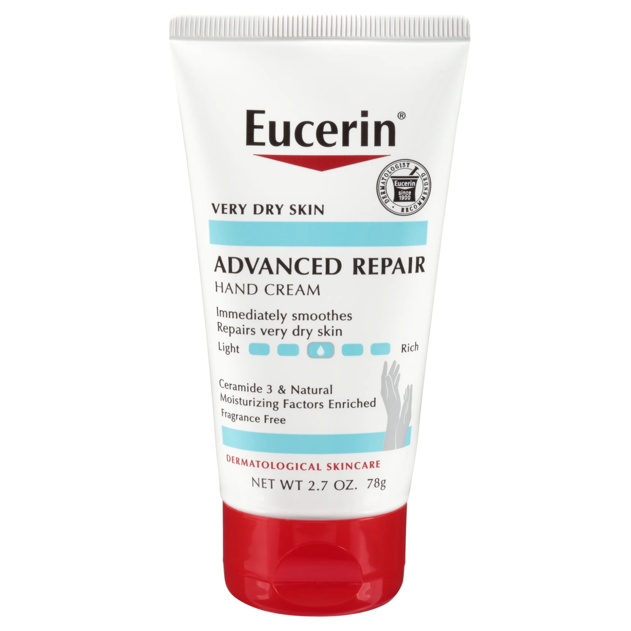 Eucerin, Advanced Repair Hand Cream, Fast-Absorbing Moisture for Dry Hands, Fragrance-Free, 2.7 oz Tube