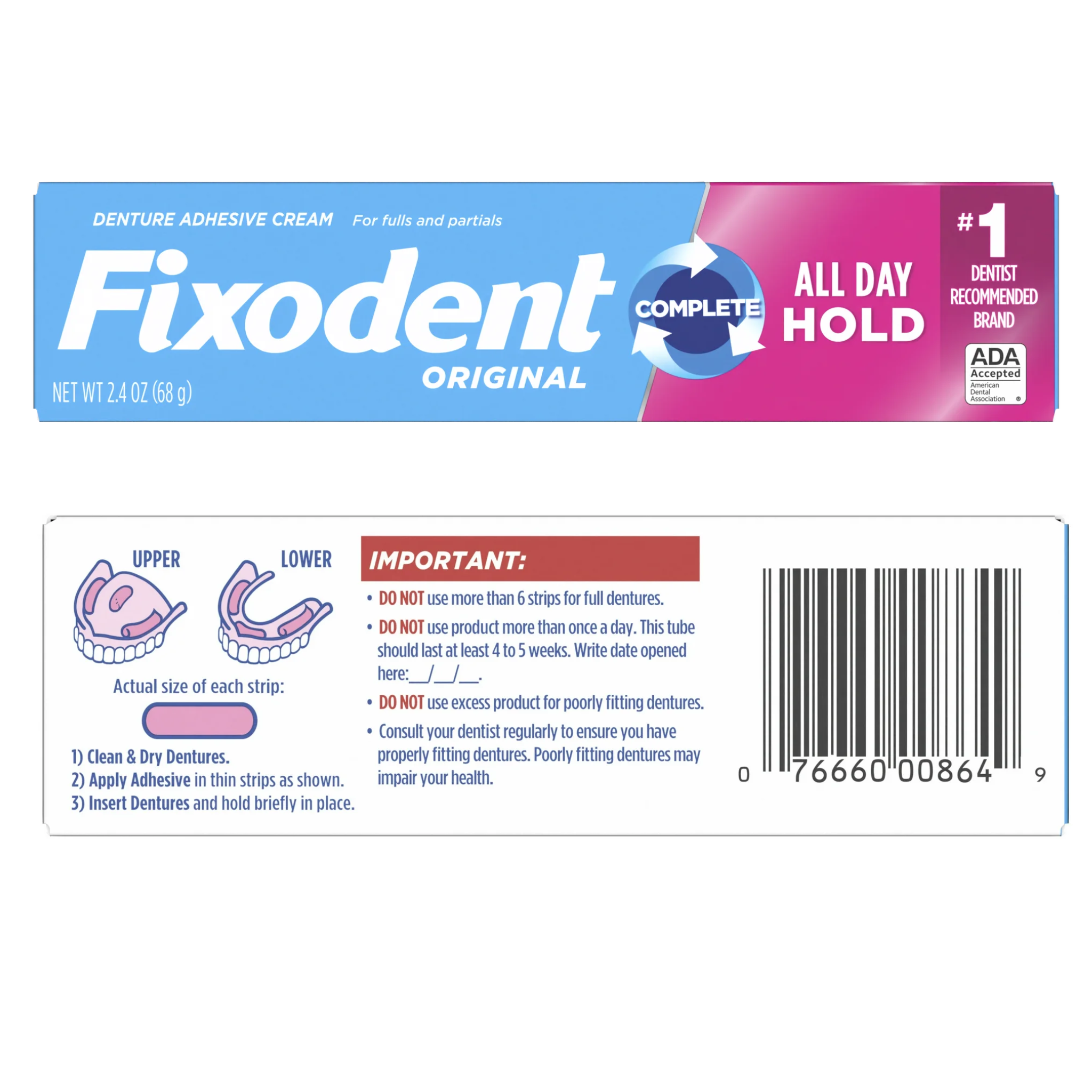 Fixodent, Complete Original Denture Adhesive Cream, All-Day Hold and Comfort, 2.4 oz