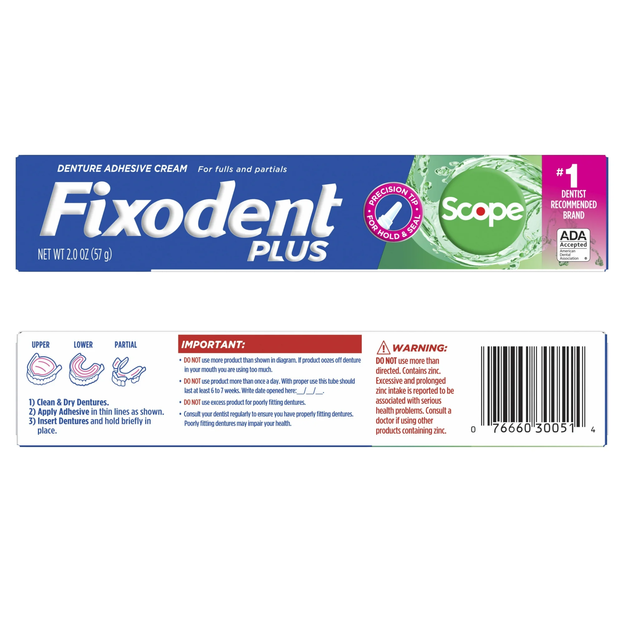 Fixodent, Plus Scope Denture Adhesive Cream, Secure Hold and Fresh Scope Flavor, 2.0 oz