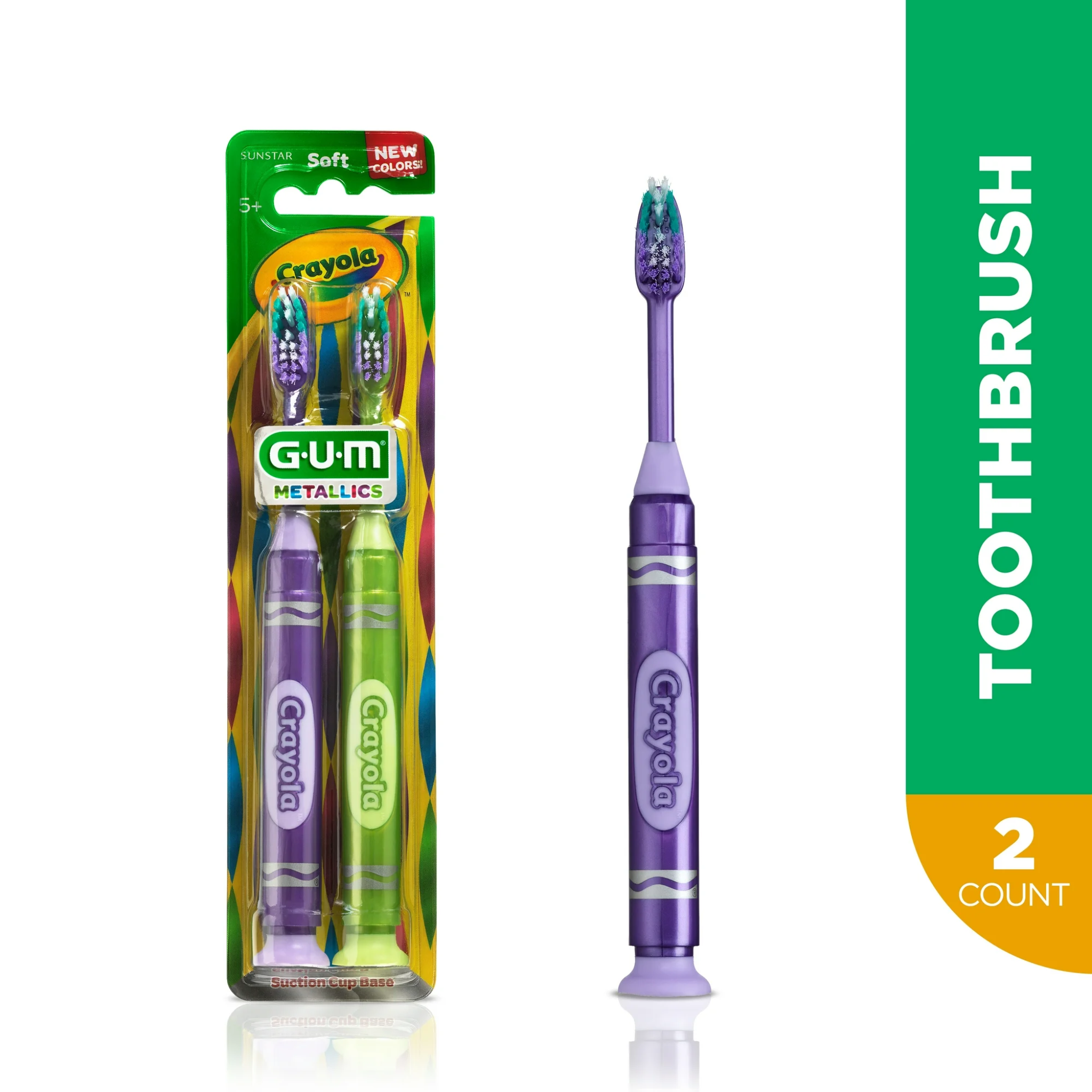 GUM, Crayola Suction Cup Base Toothbrush, Soft Bristles, Fun and Safe for Kids, 2 Count