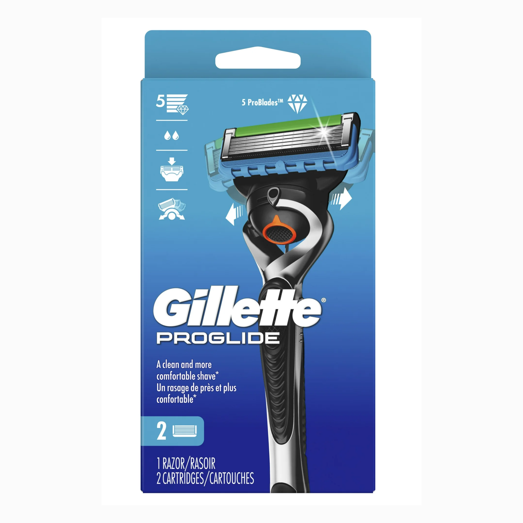 Gillette, ProGlide Razor for Men, 5-Blade Manual Razor, 1 Handle with 2 Blade Refills, Black