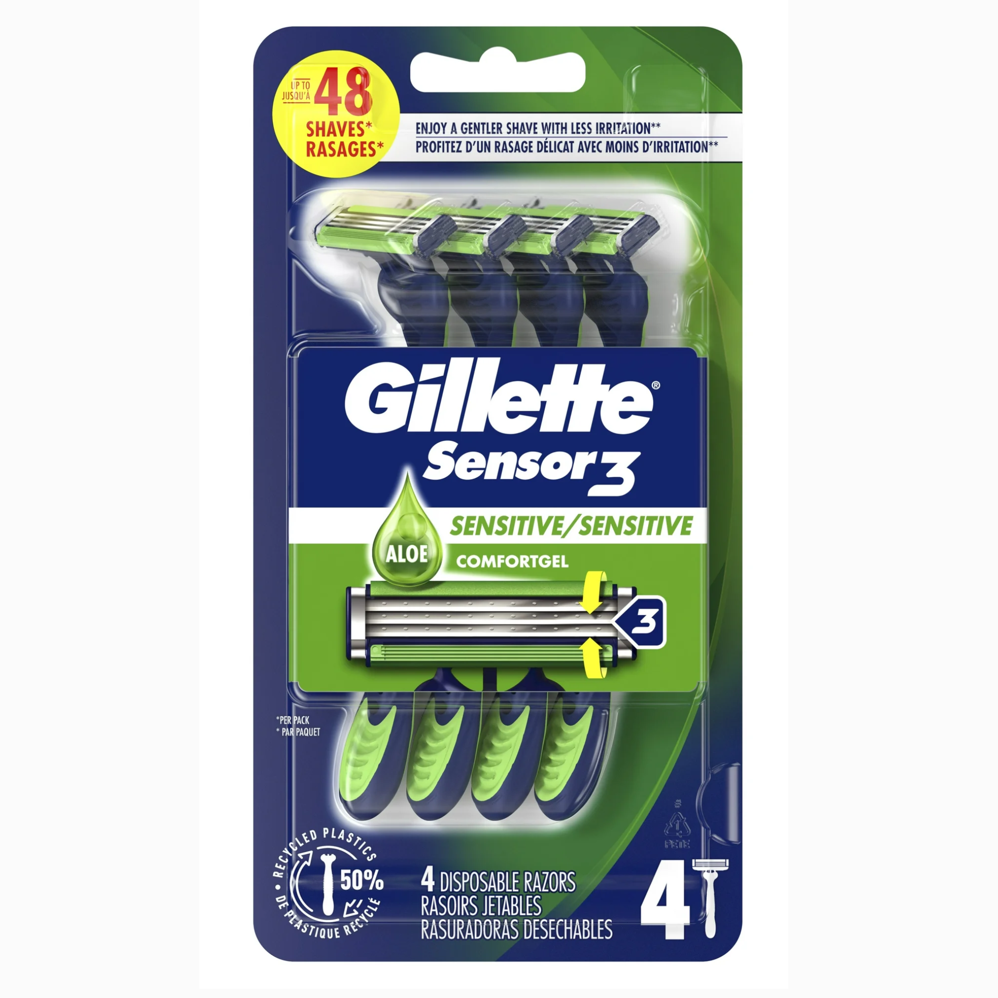 Gillette, Sensor3 Sensitive Disposable Razors for Men, Triple Blade System, 4 Count