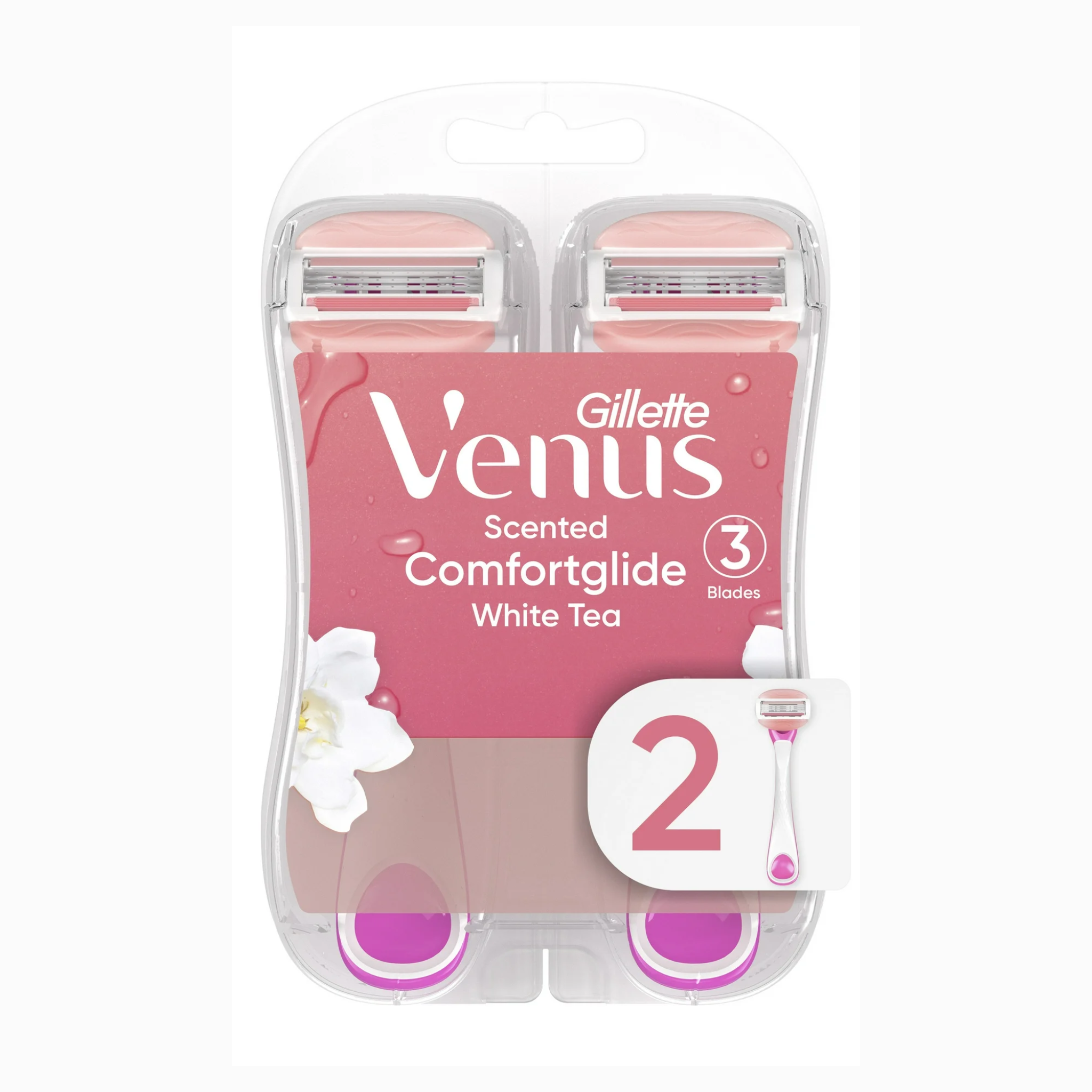 Gillette, Venus ComfortGlide White Tea Disposable Razors for Women, 3-Blade System, 2 Count, Pink