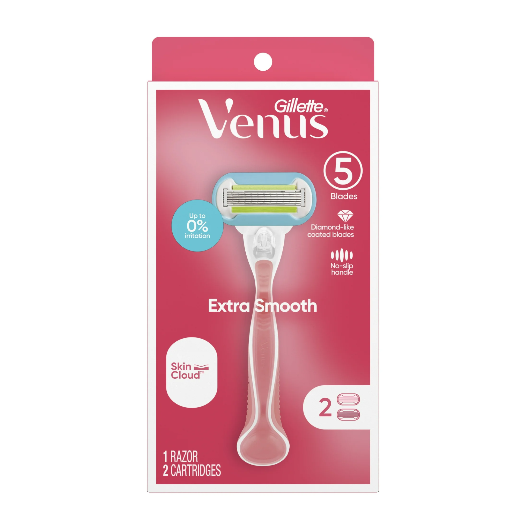 Gillette, Venus Extra Smooth Razor for Women, 5-Blade System, 1 Handle with 2 Blade Refills, Pink