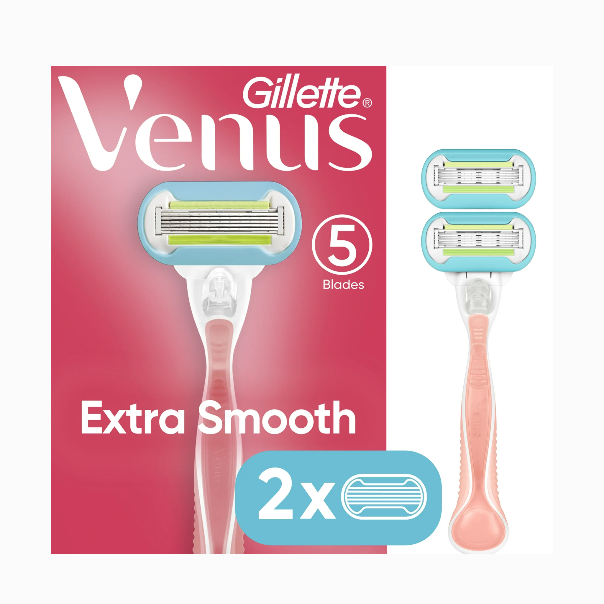 Gillette, Venus Extra Smooth Razor for Women, 5-Blade System, 1 Handle with 2 Blade Refills, Pink