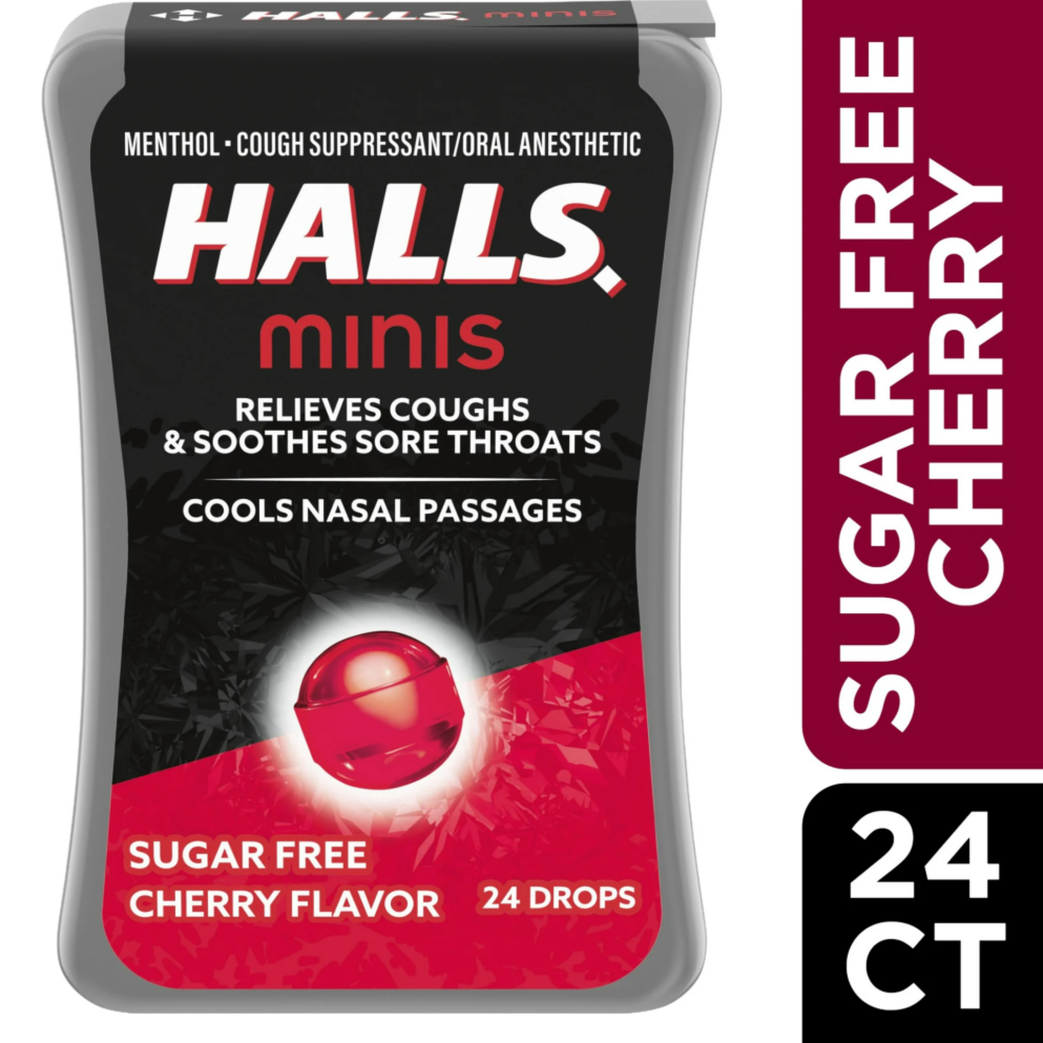 HALLS Minis Cherry Flavor Sugar Free Cough Drops, 24 Drops (Pack of 8)