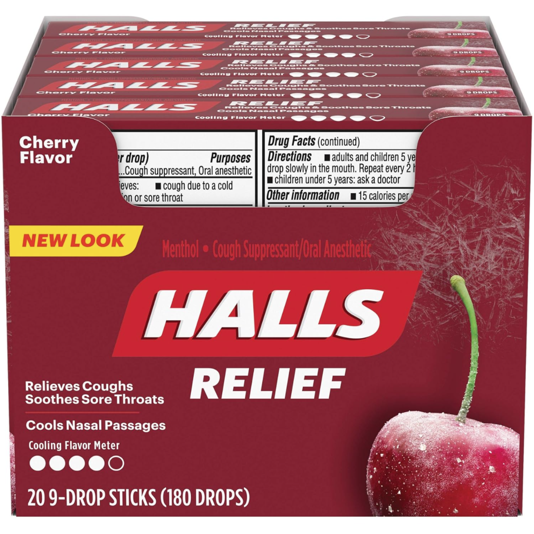 Halls Cherry Cough Drops - with Menthol - 180 Drops (20 sticks of 9 drops)