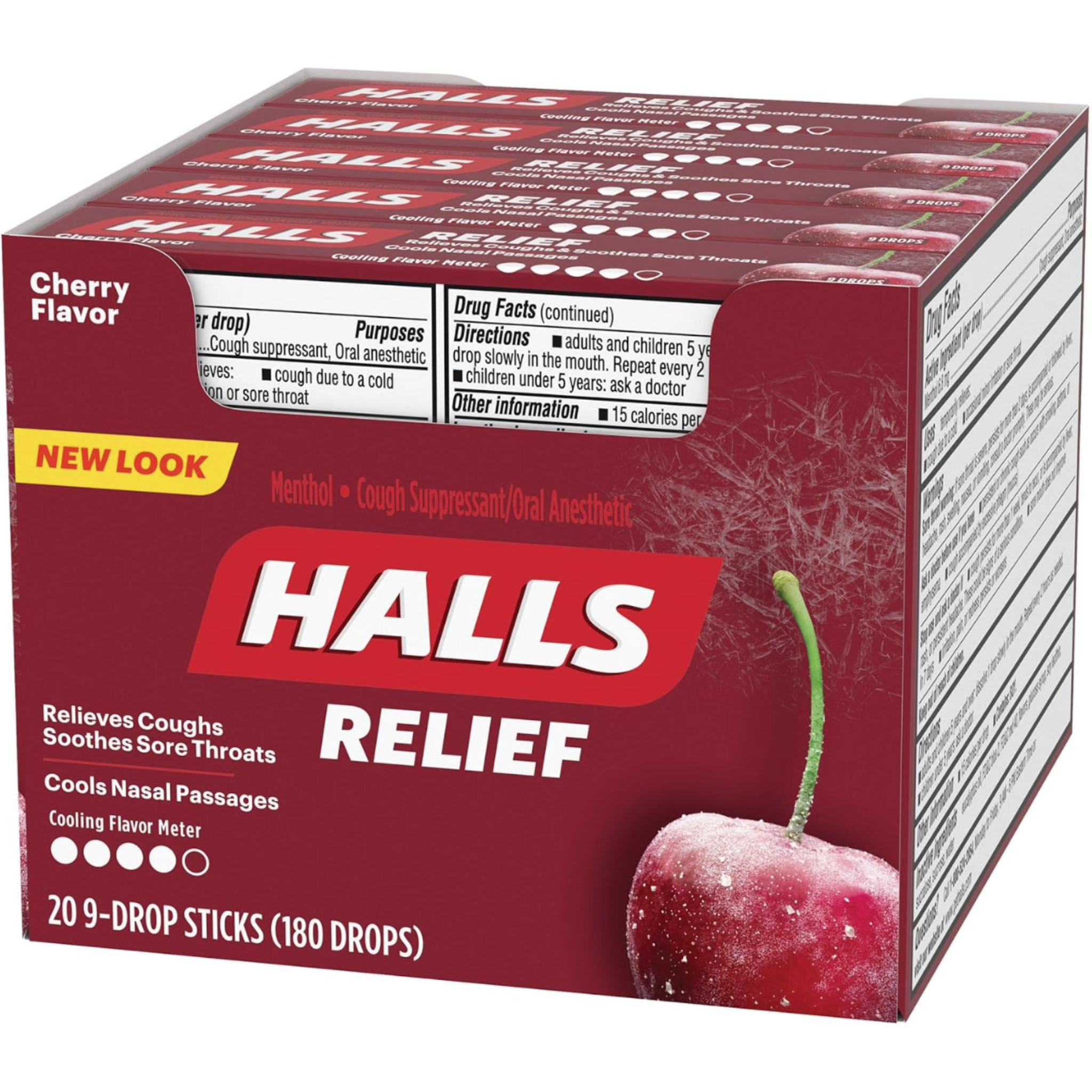 Halls Cherry Cough Drops - with Menthol - 180 Drops (20 sticks of 9 drops)