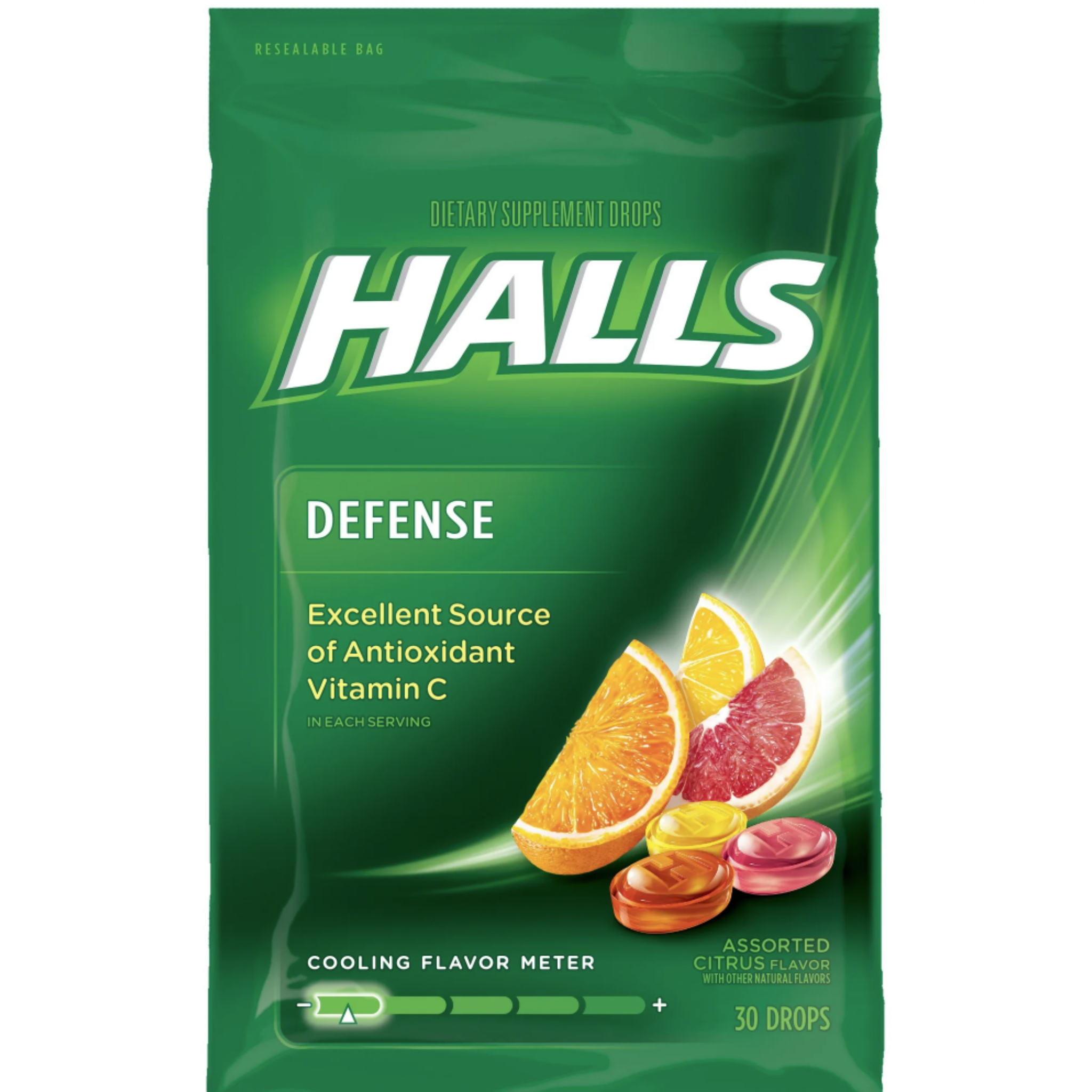 Halls Defense Vitamin C Supplement Drops, Assorted Citrus, 30 Ct