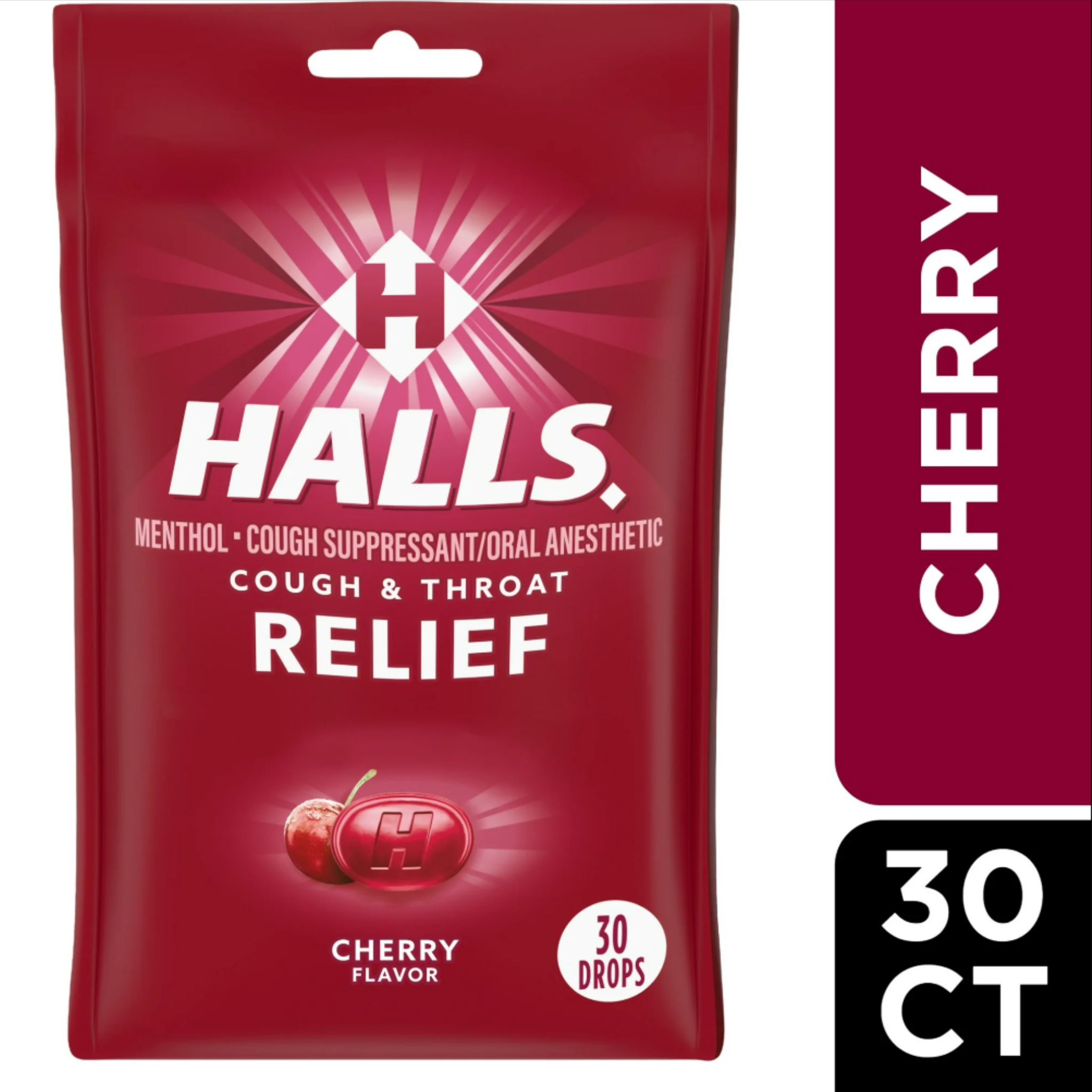 Halls Relief Cherry Cough Drops, 30 Drops