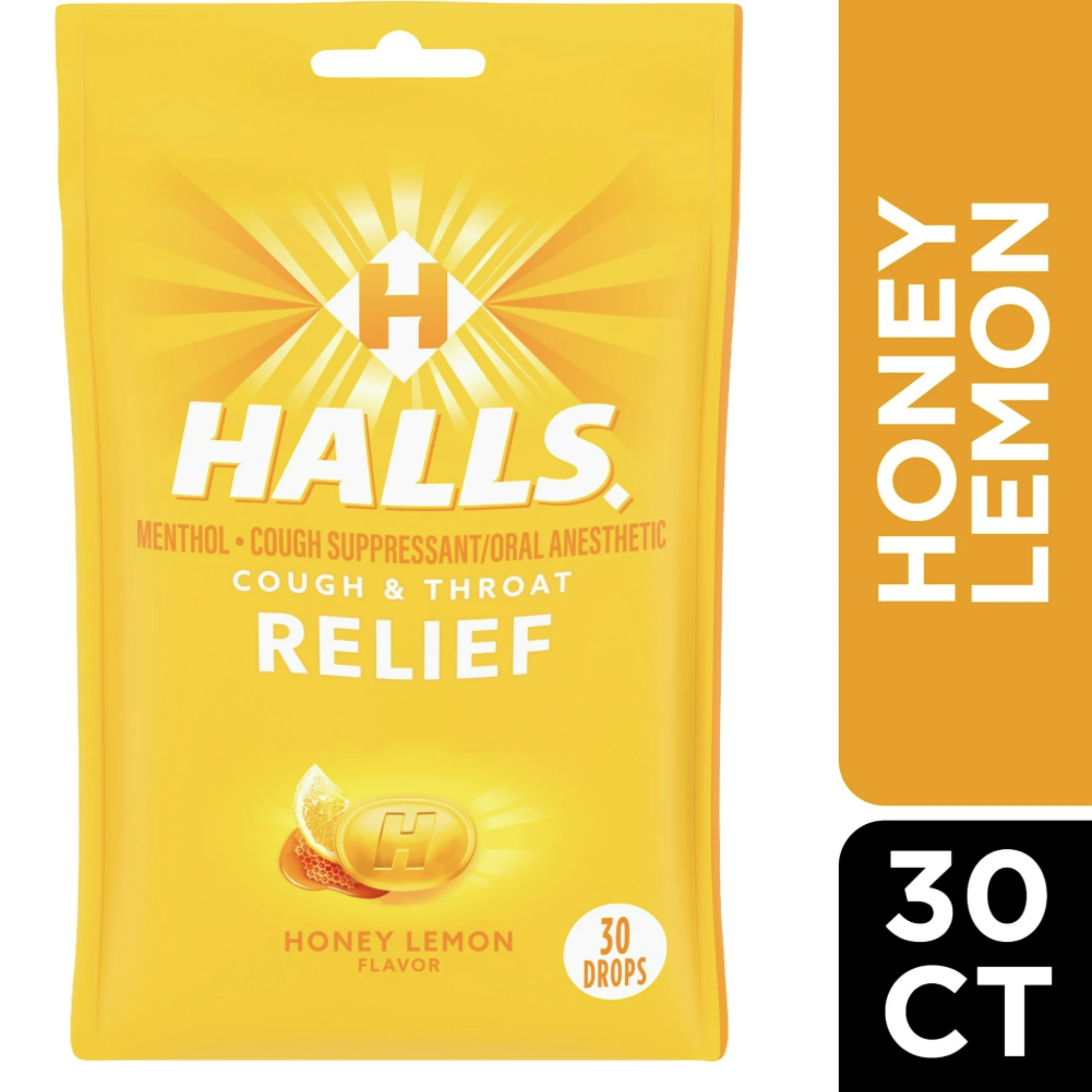 Halls Relief Honey Lemon Cough Drops, 30 Drops