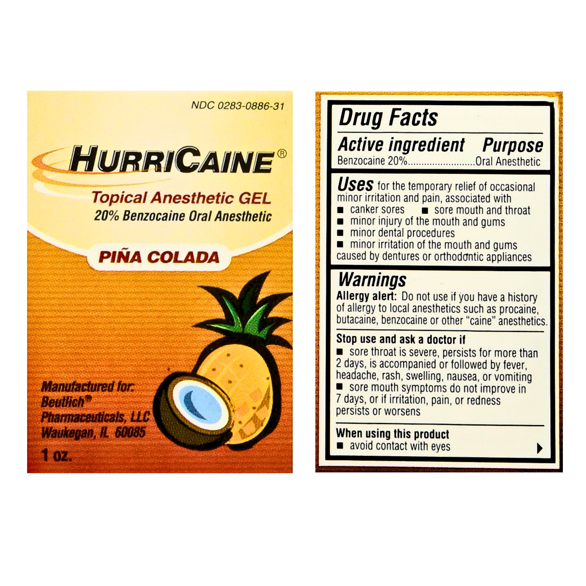 HURRICAINE, Pina Colada Flavored Oral Topical Anesthetic Gel, 20% Benzocaine for Pain Relief, 1 oz Jar