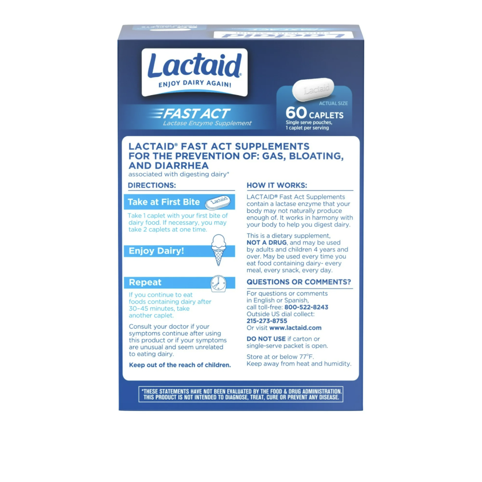 Lactaid Fast Act Lactose Intolerance Caplets, 60 Travel Packs of 1-ct