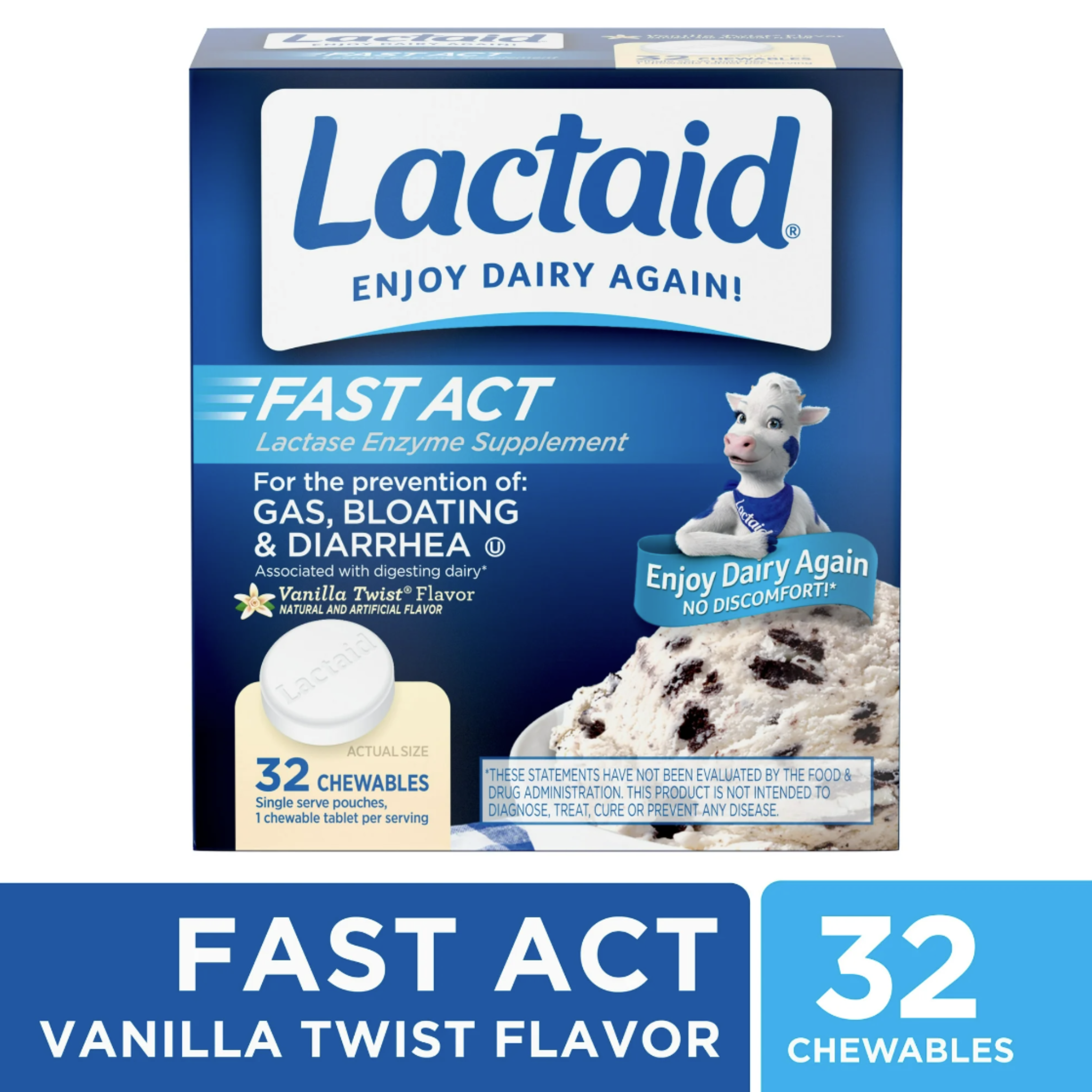 Lactaid Fast Act Lactose Relief Chewables, Vanilla, 32 Packs of 1 Ct