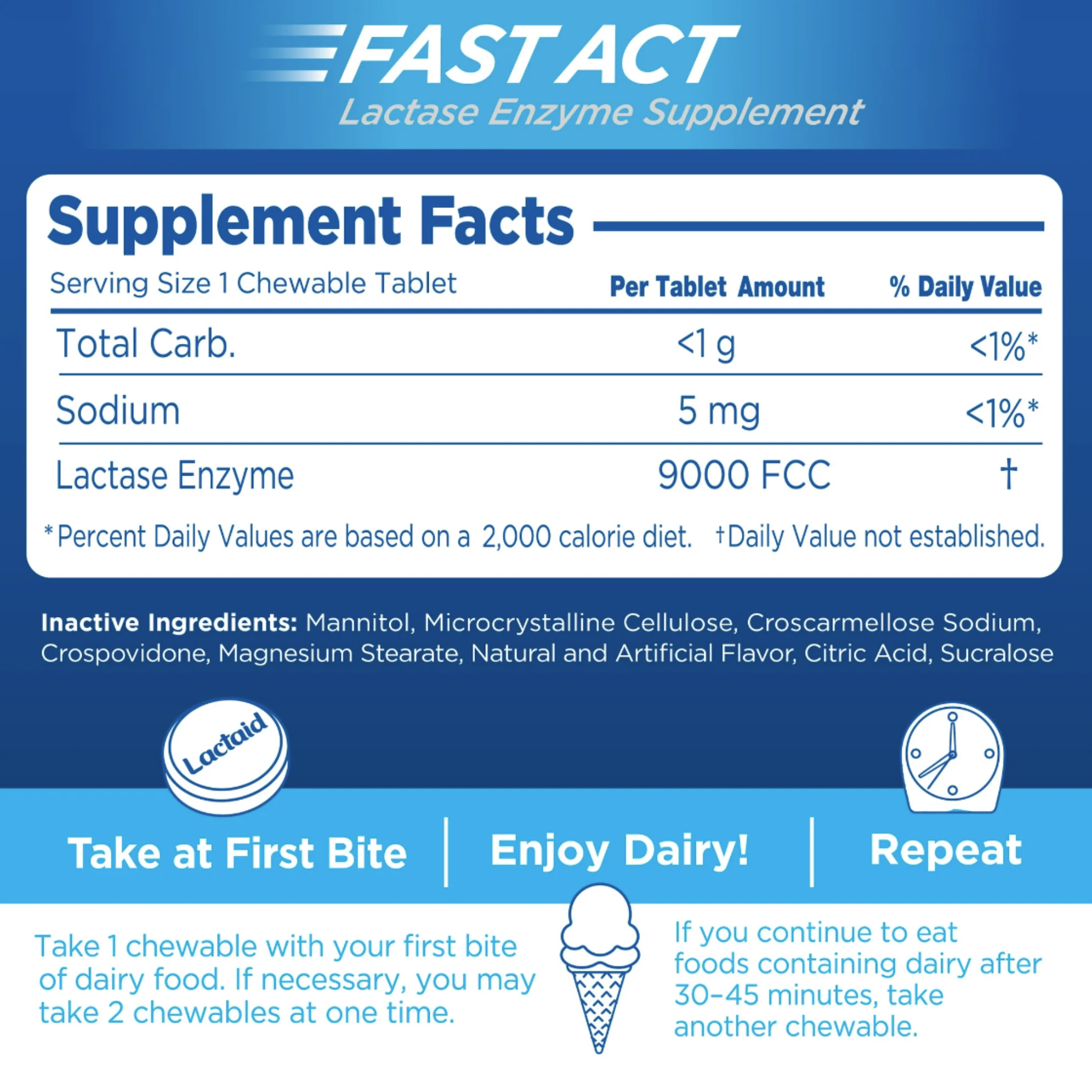 Lactaid Fast Act Lactose Relief Chewables, Vanilla, 32 Packs of 1 Ct